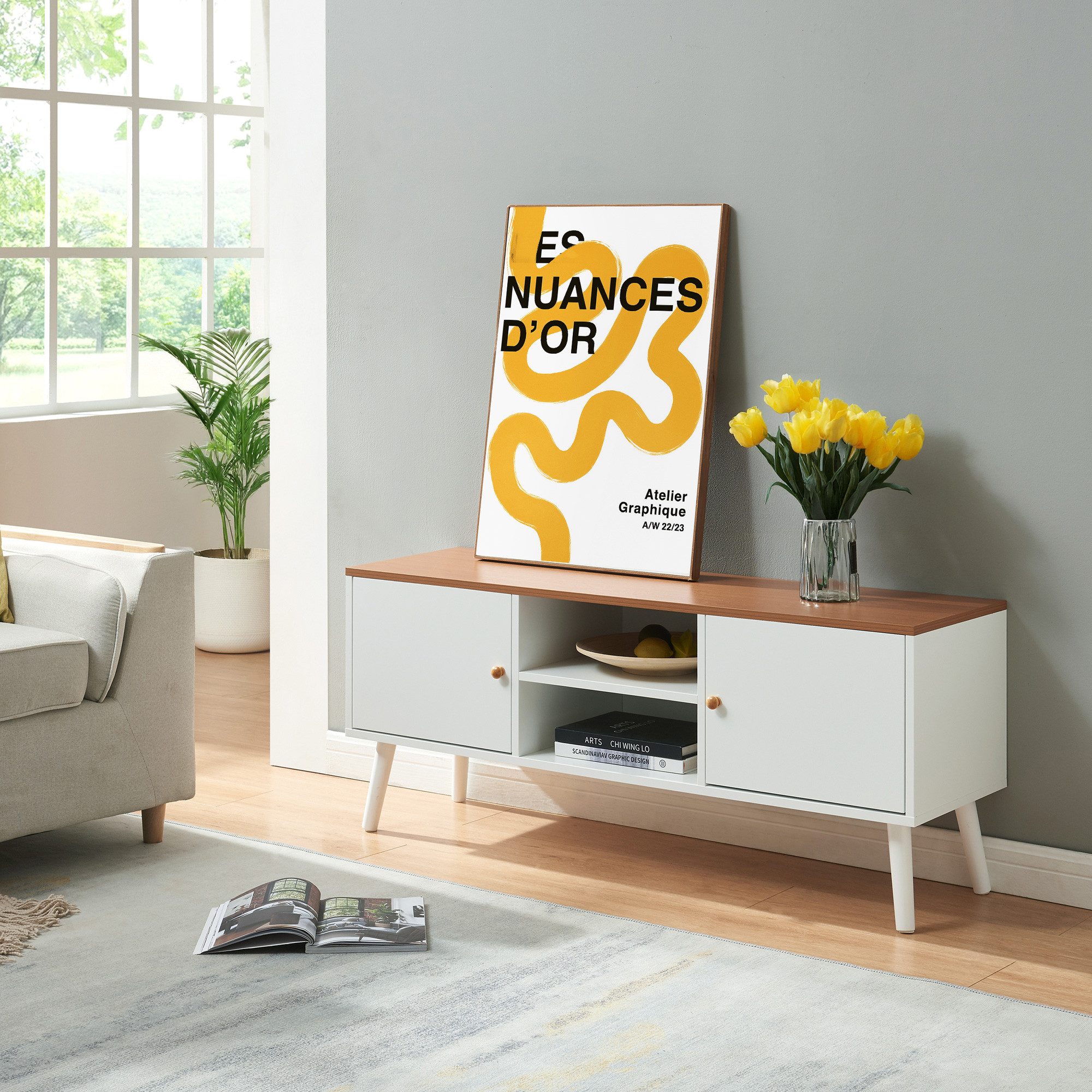 en.casa TV-Schrank »Reyljand« mit 2 Türen 120x35x50 cm Weiß / Teakoptik günstig online kaufen