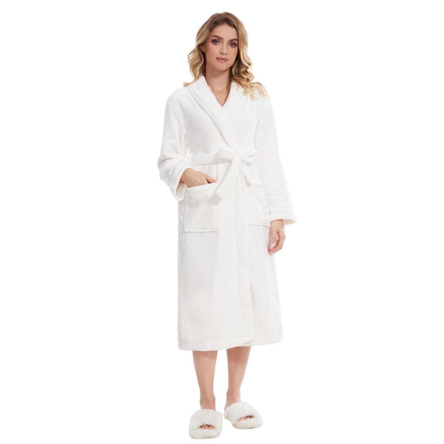 LuxusKollektion Damenbademantel Morgenmantel Damen Flauschig Lang XL Weiß, Textil, Schalkragen