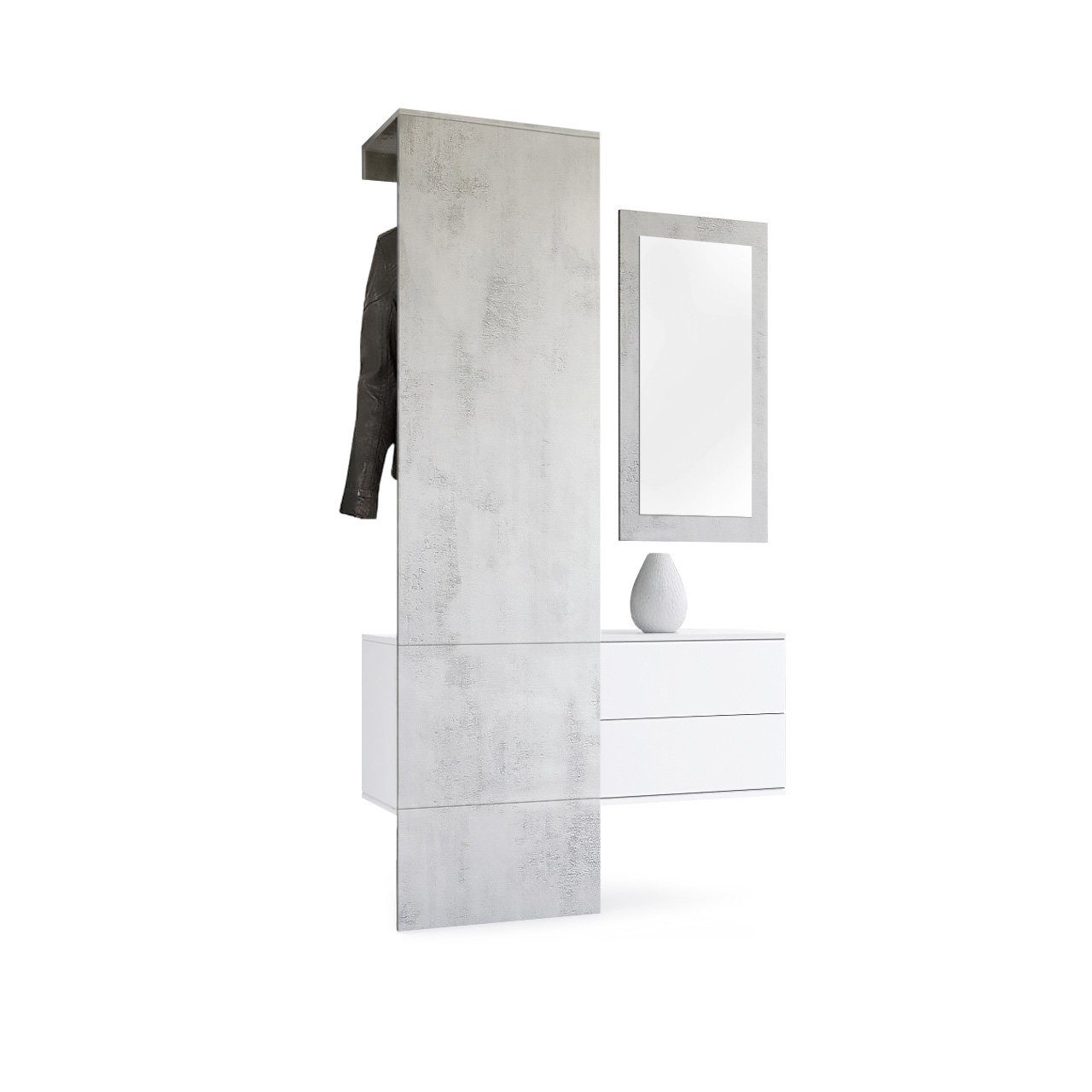 Vladon Garderoben-Set Carlton Set 2, (Wandgarderobe bestehend aus, 1 Paneel, 1 Schubkastenschrank und 1 Wandspiegel), Weiß matt/Beton Oxid Optik (105 x 193 x 35 cm)