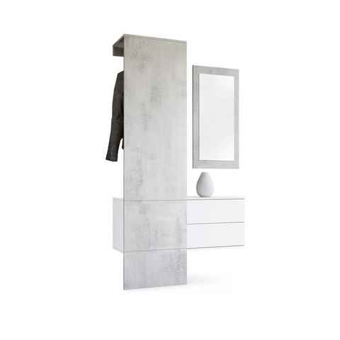 Vladon Garderoben-Set Carlton, (Wandgarderobe bestehend aus, 1 Paneel, 1 Schubkastenschrank und 1 Wandspiegel), Weiß matt/Beton Oxid Optik (105 x 193 x 35 cm)