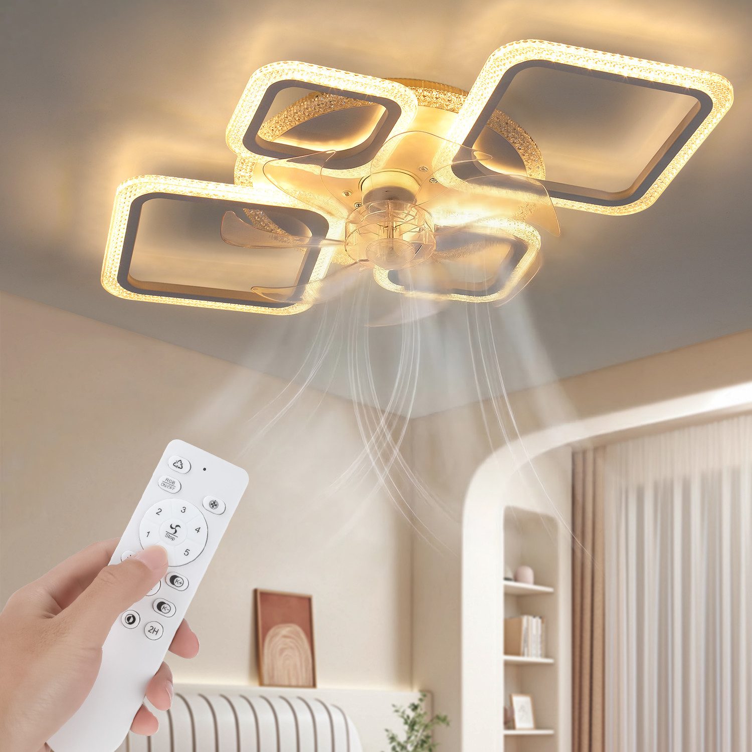 oyajia Deckenleuchte 80W Leise Deckenventilator mit Beleuchtung, RGB dimmbar Deckenlampe, Luftzirkulation, LED fest integriert, Warmweiß, Naturweiß, Kaltweiß, RGB, 75cm Deckenventilator mit RGB Backlight, 6 Geschwindigkeiten, Timer