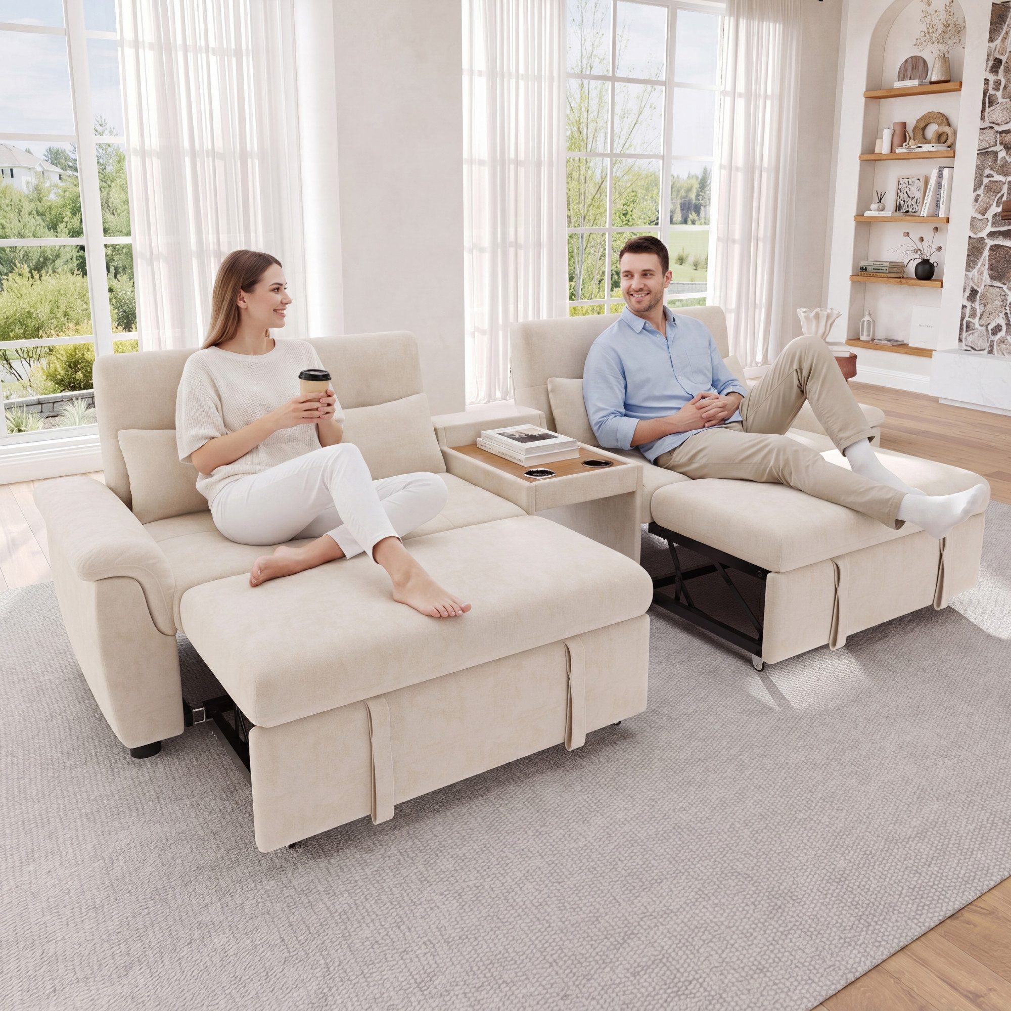 i@home Loungesofa ausziehbar Sofa mit Haustierbereich, Mit Couchtisch, 2 Becherhaltern, Chenille, Beige, 284×138×89 cm