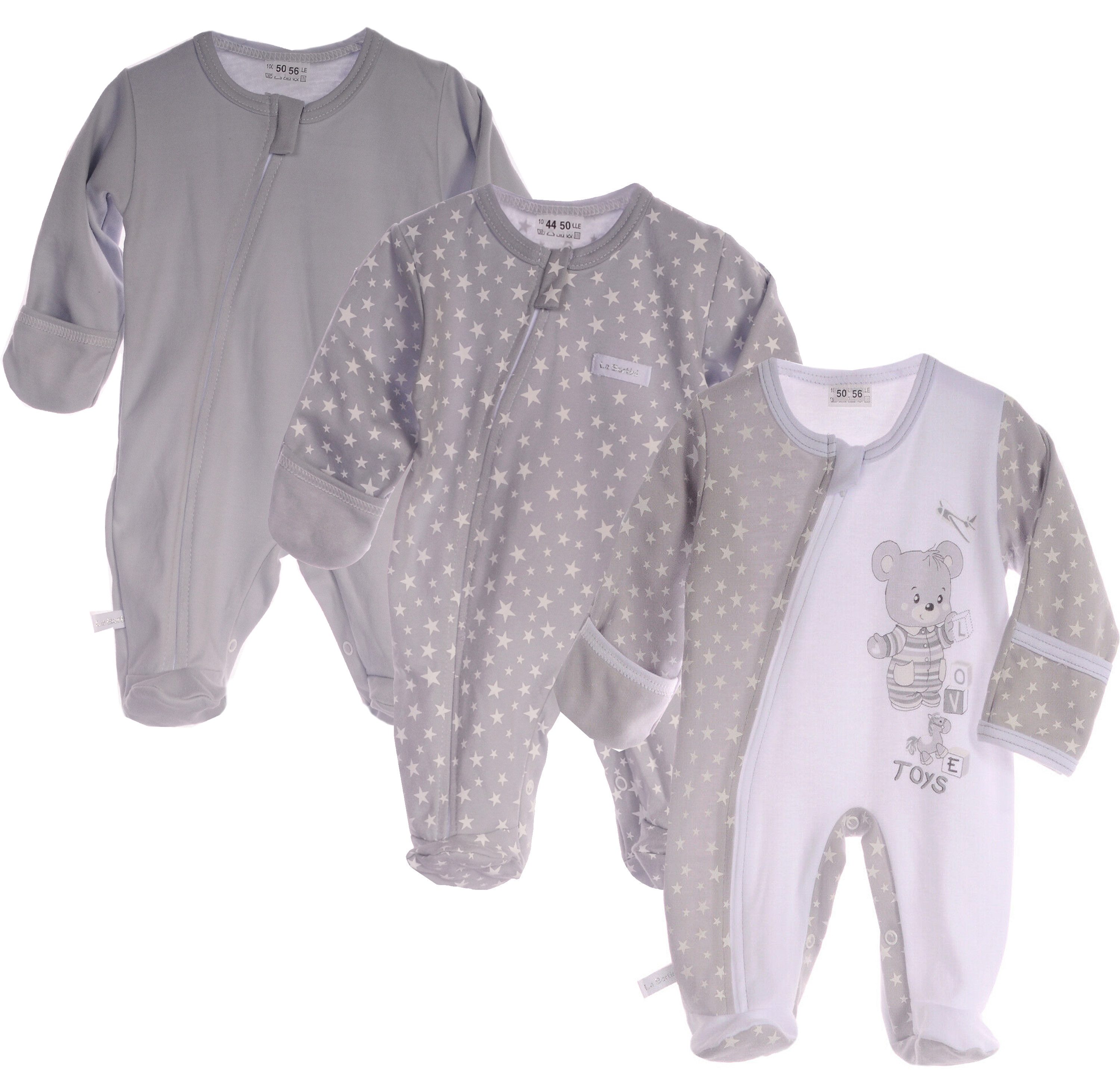 La Bortini Overall Schlafanzug Baby Strampler 3er Pack Schlafoverall mit Kratzschutz aus reiner Baumwolle, neutral, 44 50 56 62 68 74 80