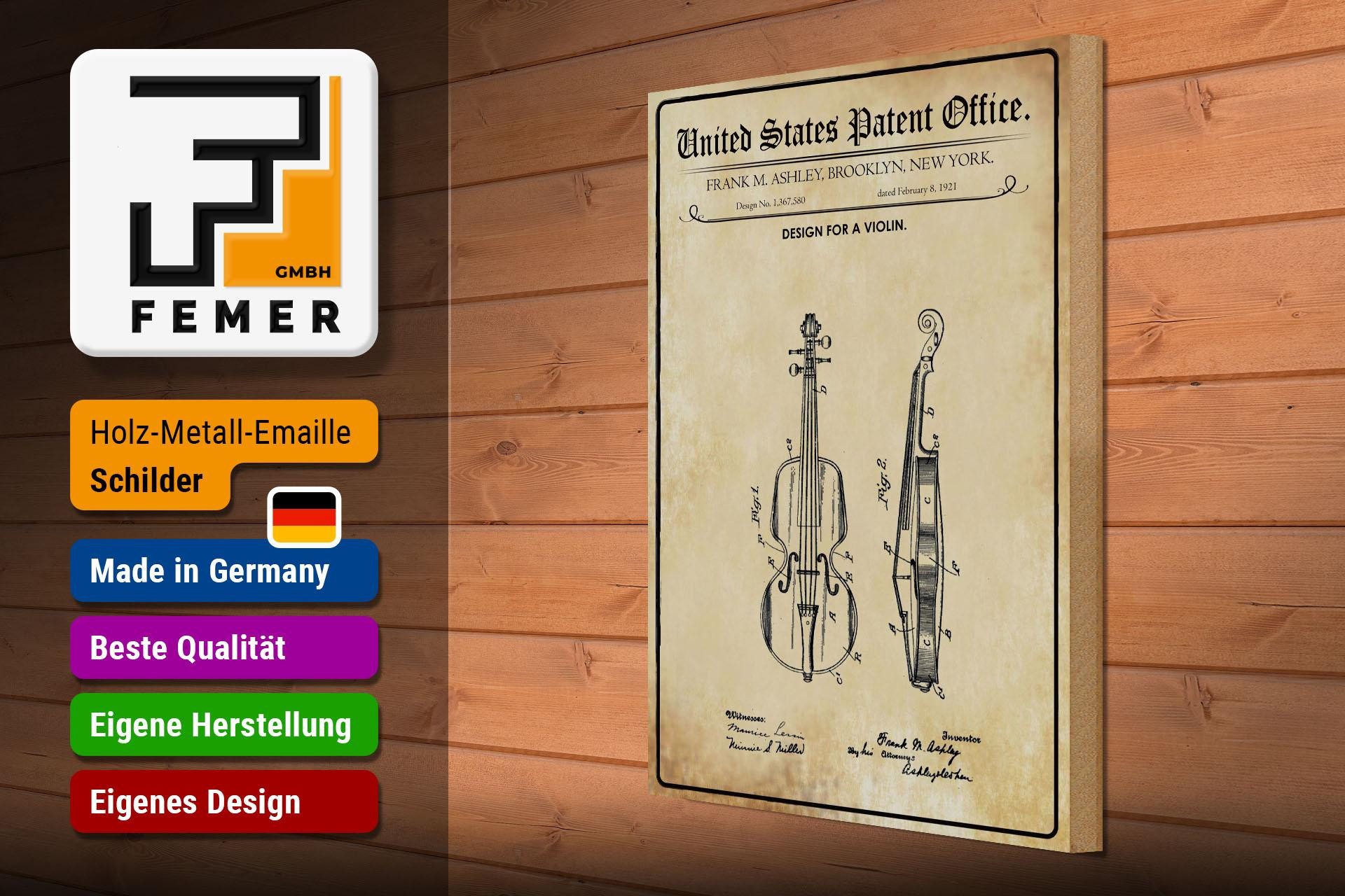 Femer GmbH Holzbild Patent 30x40 cm Entwurf für eine Geige, (1 St), Glatte Holzfaserplatte (MDF), vorn beschichtet