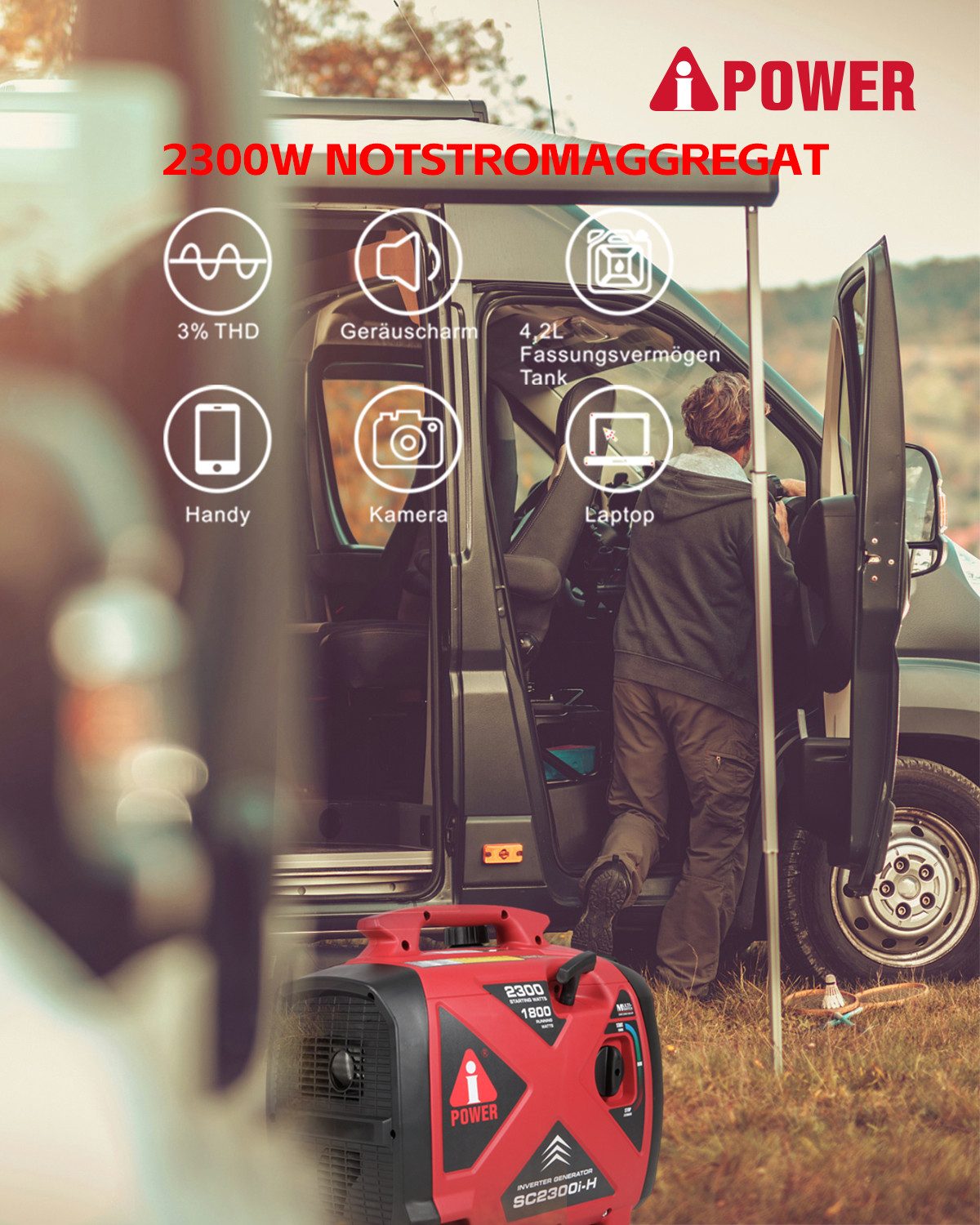 A-iPower Stromerzeuger SC2300i-H, 2,30 in kW, (Benzin Stromgenerator Generator Notstromaggregat 4-Takt Motor Stromerzeuger Leise 63 dB Generator), mit 230V Steckdosen, 12V Steckdose und USB