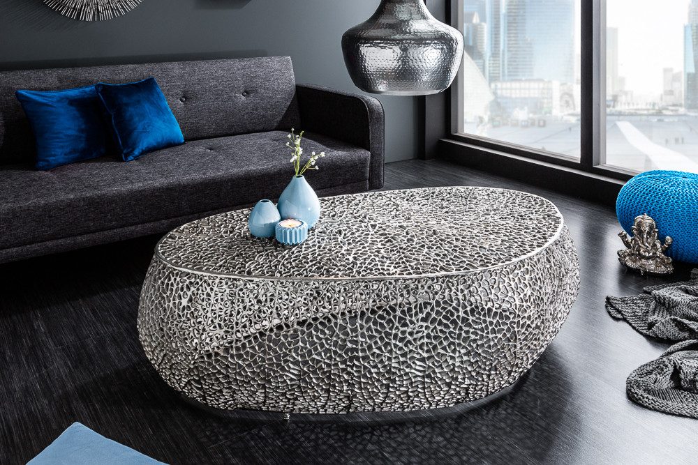 riess-ambiente Couchtisch LEAF 130cm silber - Metall-Aluminium-Legierung, Handarbeit, kunstvoll, Hochwertiges Statement-Piece - ideal für Wohnzimmer, Couch- & TV-Ecke