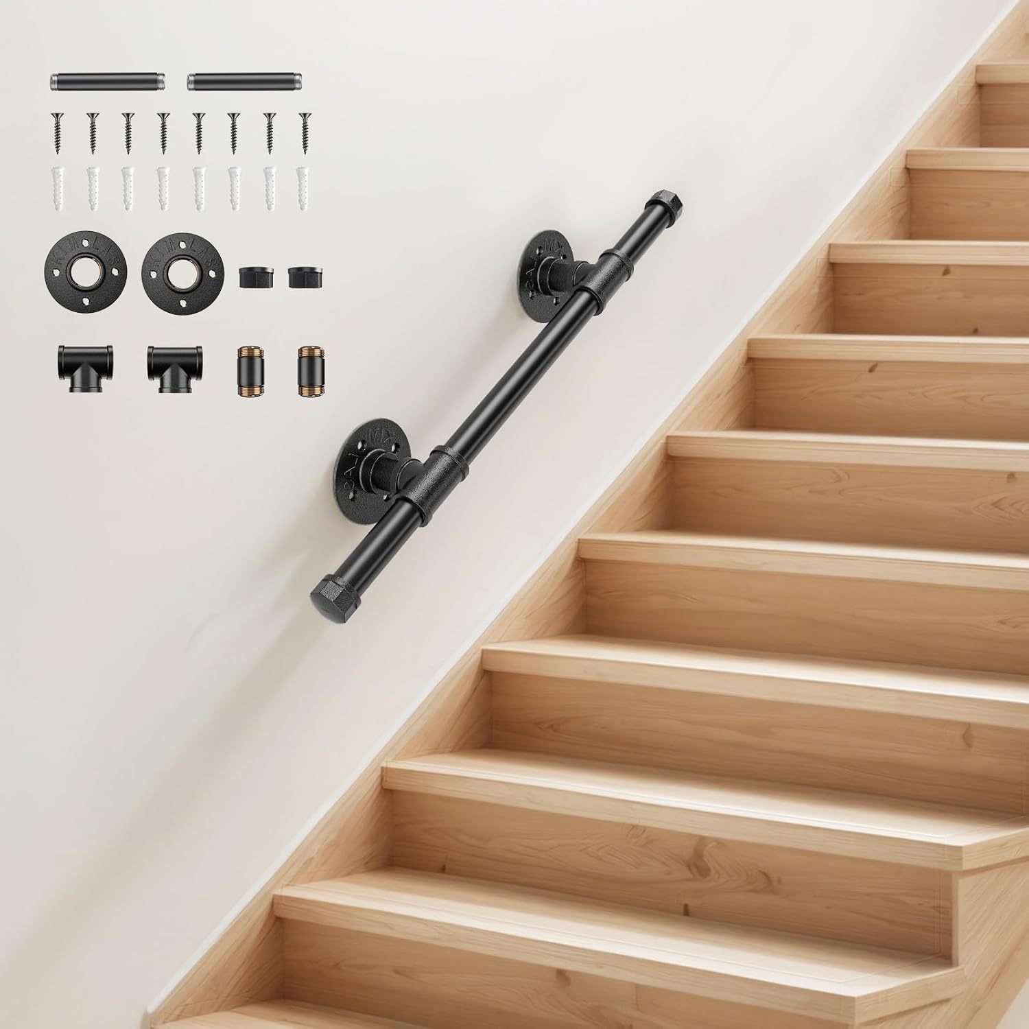 BlingBin Treppengeländer Treppenhandlauf aus Metall, Wandmontage Industrieller Handlauf, 50 cm Länge, Wandmontiertes Geländer, 27-tlg., 50 cm - 2,5 cm Durchmess – Bild 2 von 5