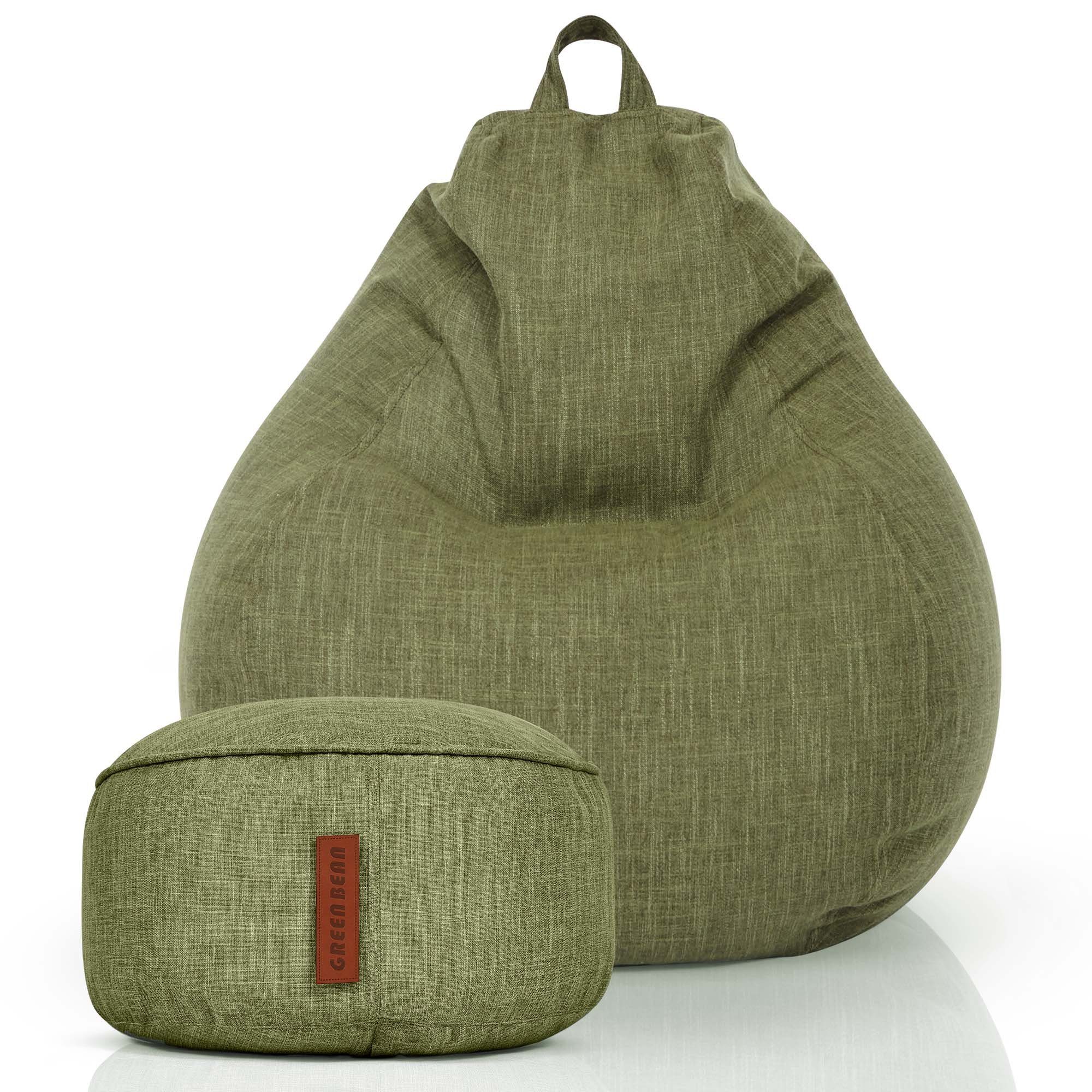 Green Bean Sitzsack Home-Linen (2er Set Indoor Sitzsack (80 x 90 x 50 cm) + Sitzpouf (25 x 45 cm) mit EPS-Perlen Füllung -, Fußhocker Fußkissen Sitz-pouf Bodenkissen Liegekissen), Sitzkissen Lounge Chair Sitzhocker Relax-Sessel Bean Bag Grün