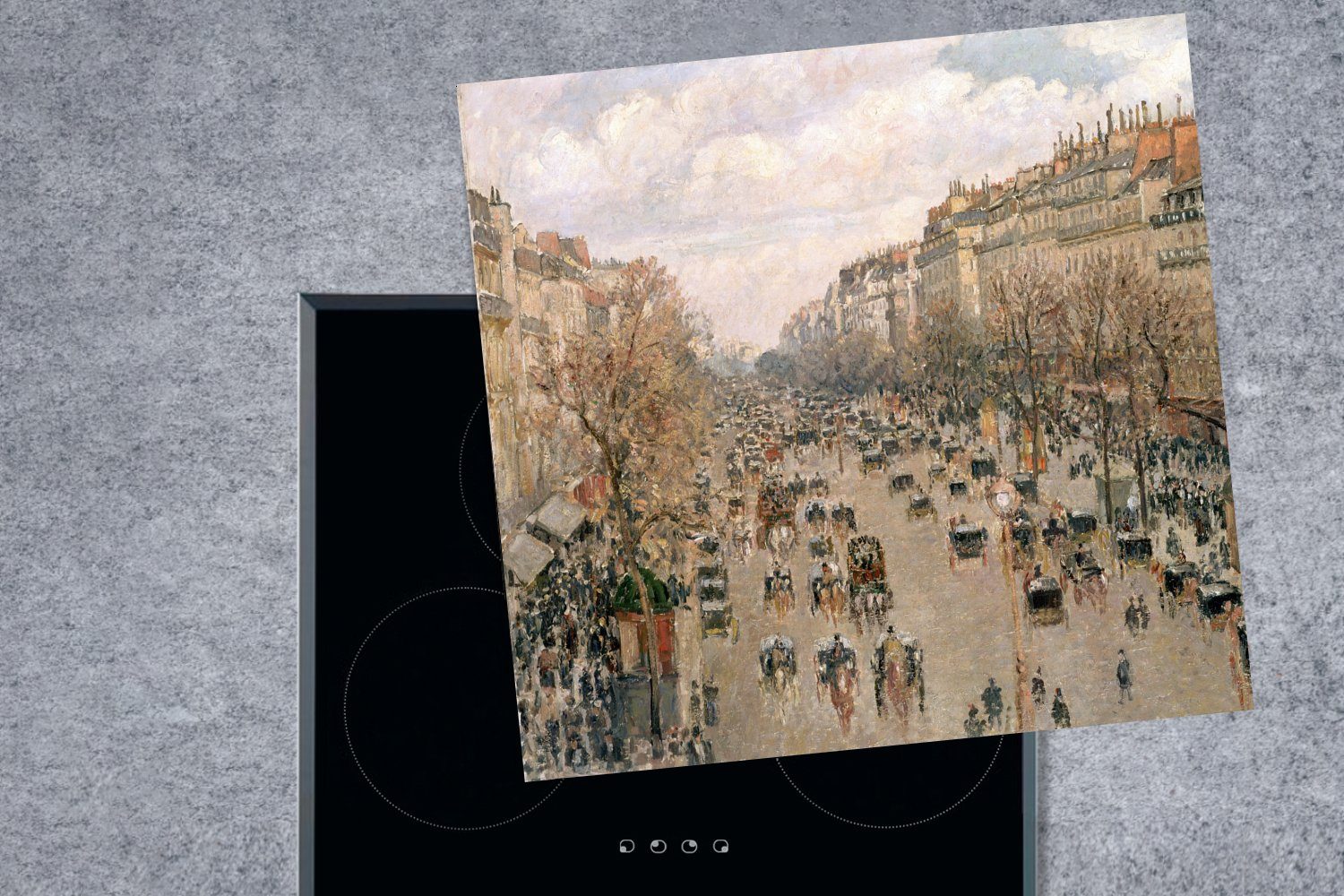 von Vinyl, küche Winter Pissarro, für cm, (1 - Arbeitsplatte 78x78 tlg), Montmartre im Ceranfeldabdeckung, Herdblende-/Abdeckplatte Boulevard MuchoWow Camille Gemälde
