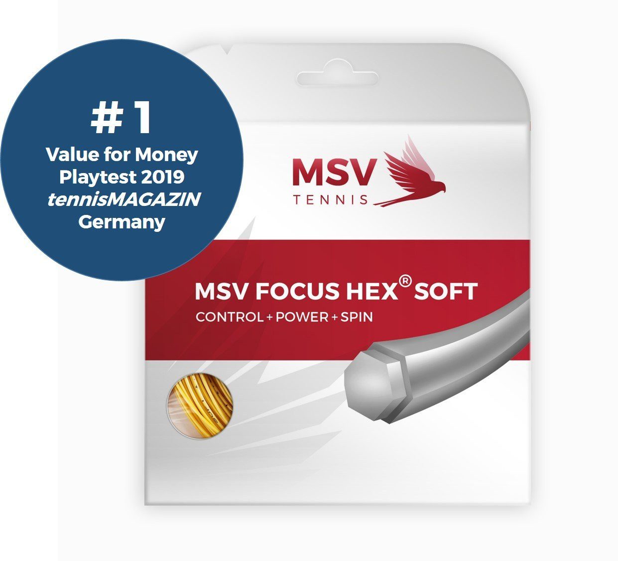 MSV Tennissaite Focus Hex Soft 1.20 (Haltbarkeit+Kontrolle+Power+Spin) gelb 12m Set, Saitendicke: 1.20