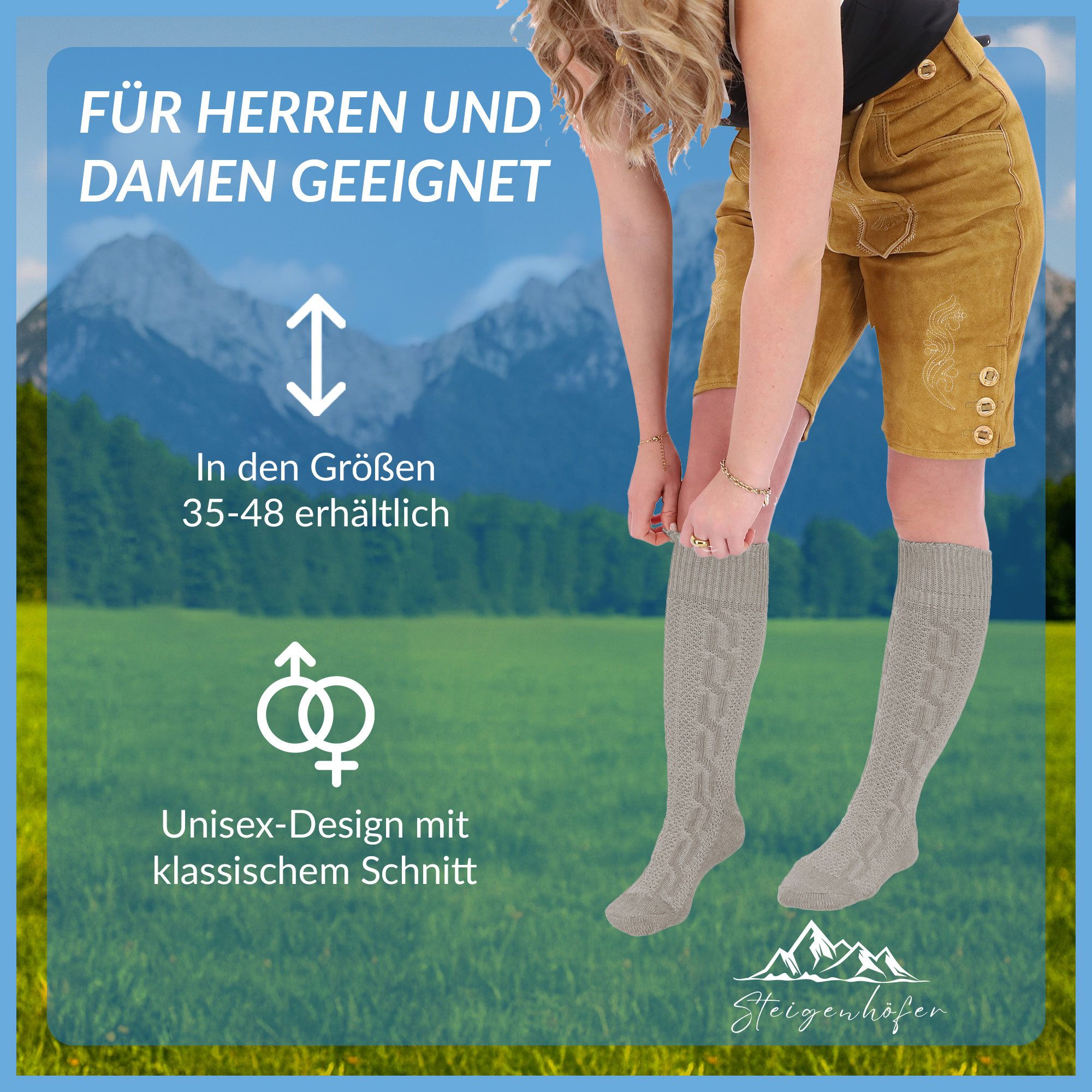 Steigenhöfer Manufaktur Trachtensocken für Herren und Damen – Socken mit Zopfmuster und Edelweißanstecker Oktoberfest Strümpfe aus Baumwolle für Männer & Frauen