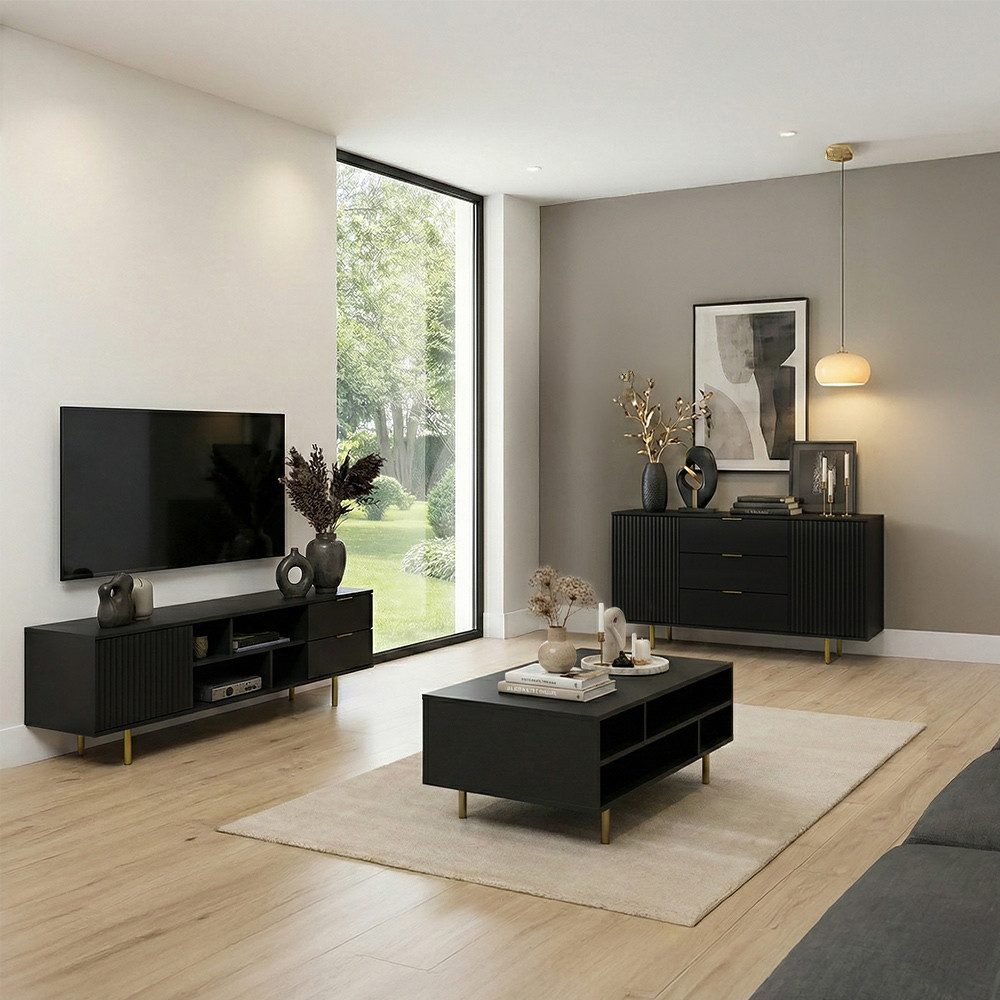 Lomadox Wohnzimmer-Set NADOR-132, (Mega-Spar-Set, 3-St., Couchtisch Lowboard Sideboard), matt schwarz, goldfarbenen Metallgriffen und -füßen, Front Rillenoptik