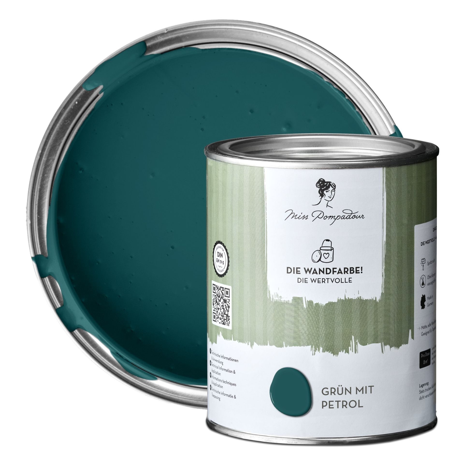 MissPompadour Wandfarbe Grün mit Petrol - matte Wandfarbe mit sehr hoher Deckkraft 1 L, geruchsneutrale und spritzfreie Innenfarbe, wasserbasiert