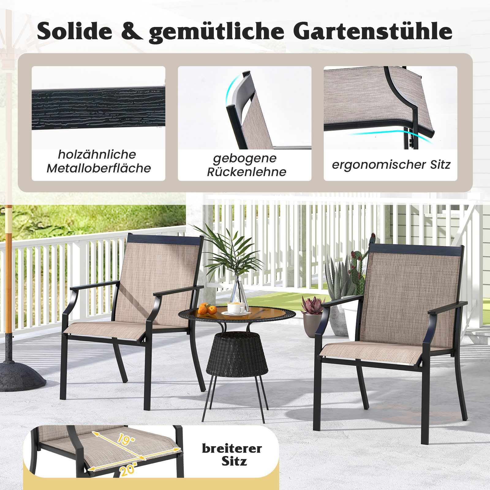 COSTWAY Gartenstuhl (2 St), 50 cm breitere Sitzfläche, mit Armlehne