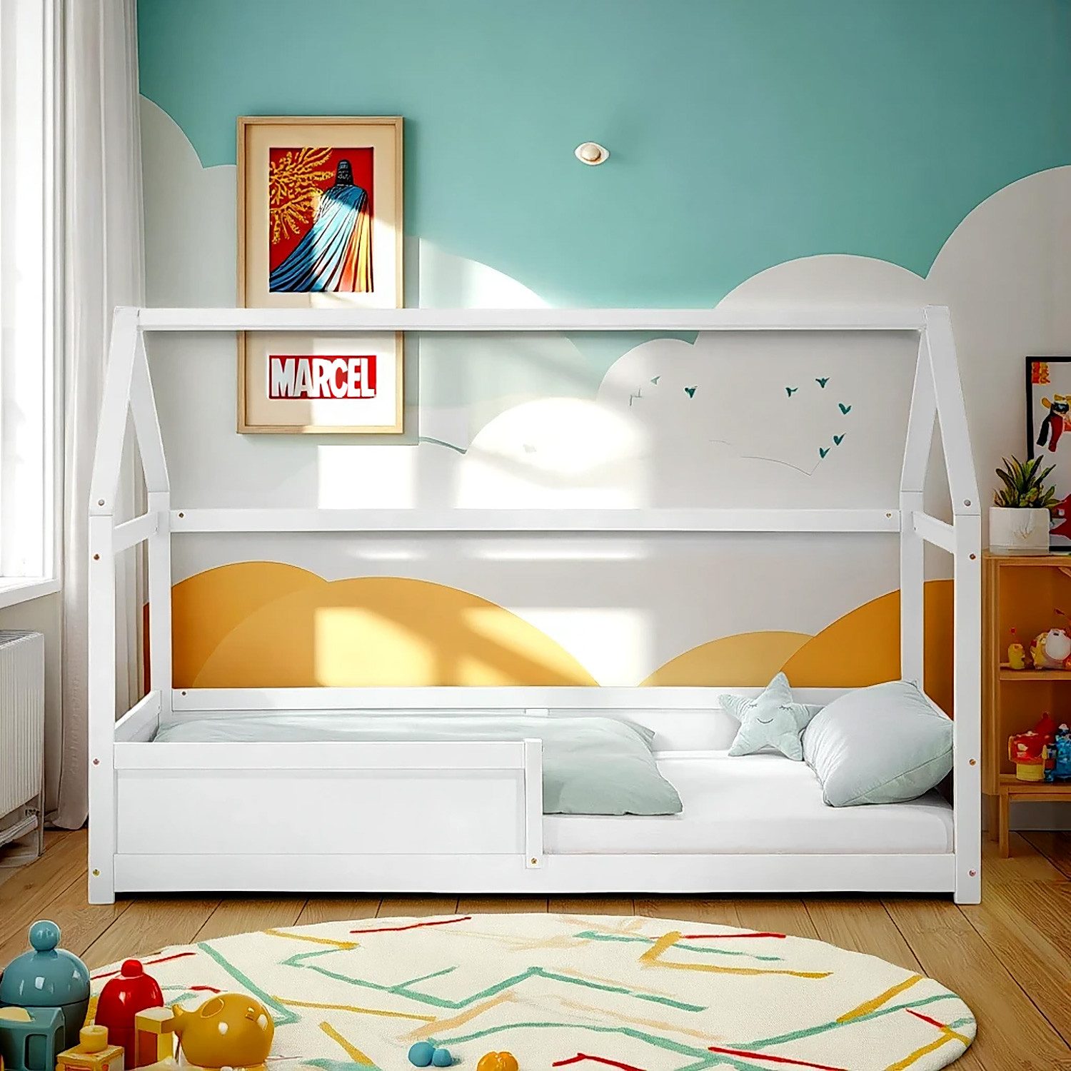 Homestyle4u Kinderbett 90x200 mit / ohne Matratze Hausbett Junge Mädchen Bodenbett Montessori (Komplett-Set mit Lattenrost, Matratze mit OEKO-TEX® Standard 100), H2, Härtegrad 2