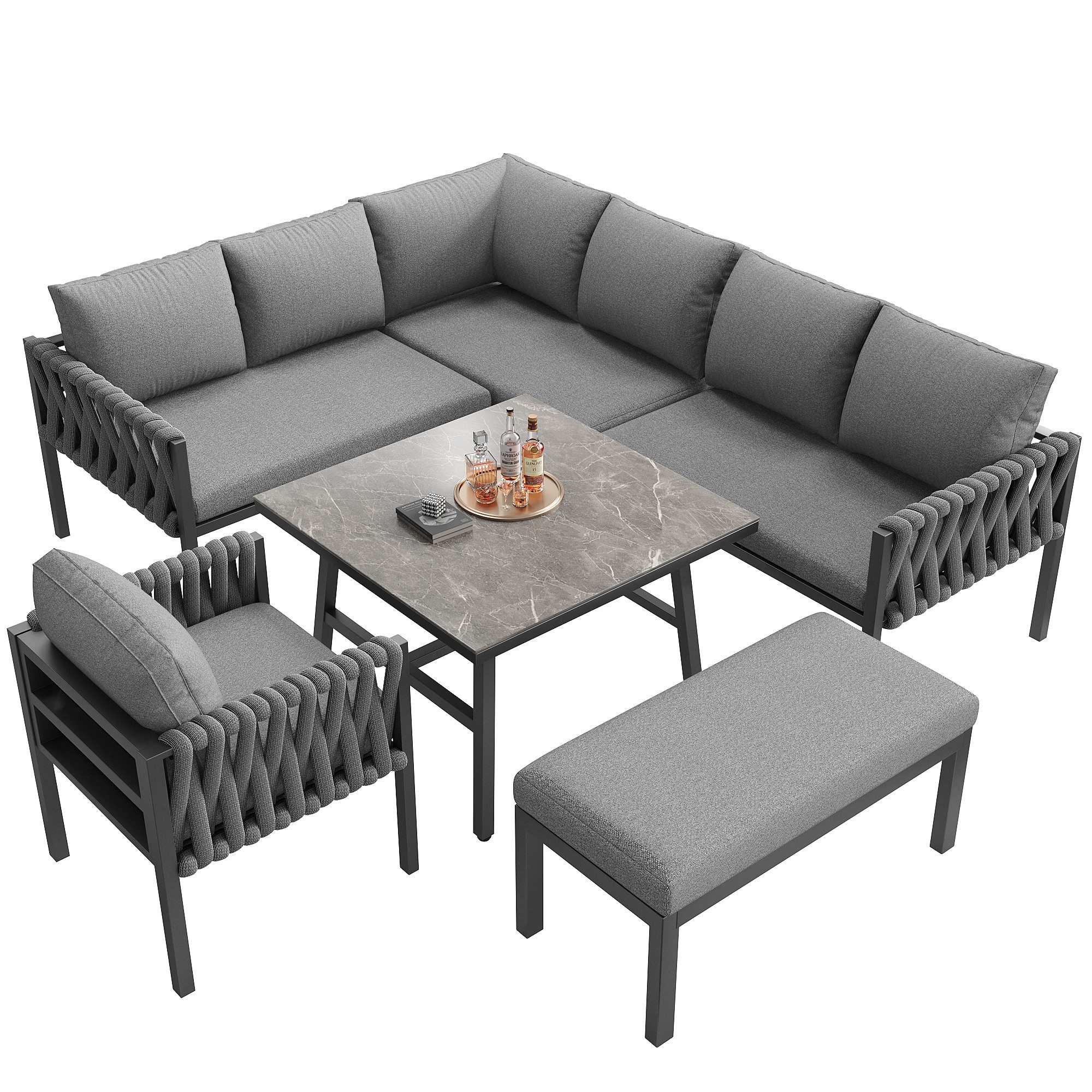 OKWISH Sofa Gartenmöbelset,mit verzinktem Eisengestell, Modernes Gartenmöbelset mit Seilgeflecht – Verstellbare Beine, Tischplatte aus gehärtetem Glas 1 Teile, mit Relaxfunktion