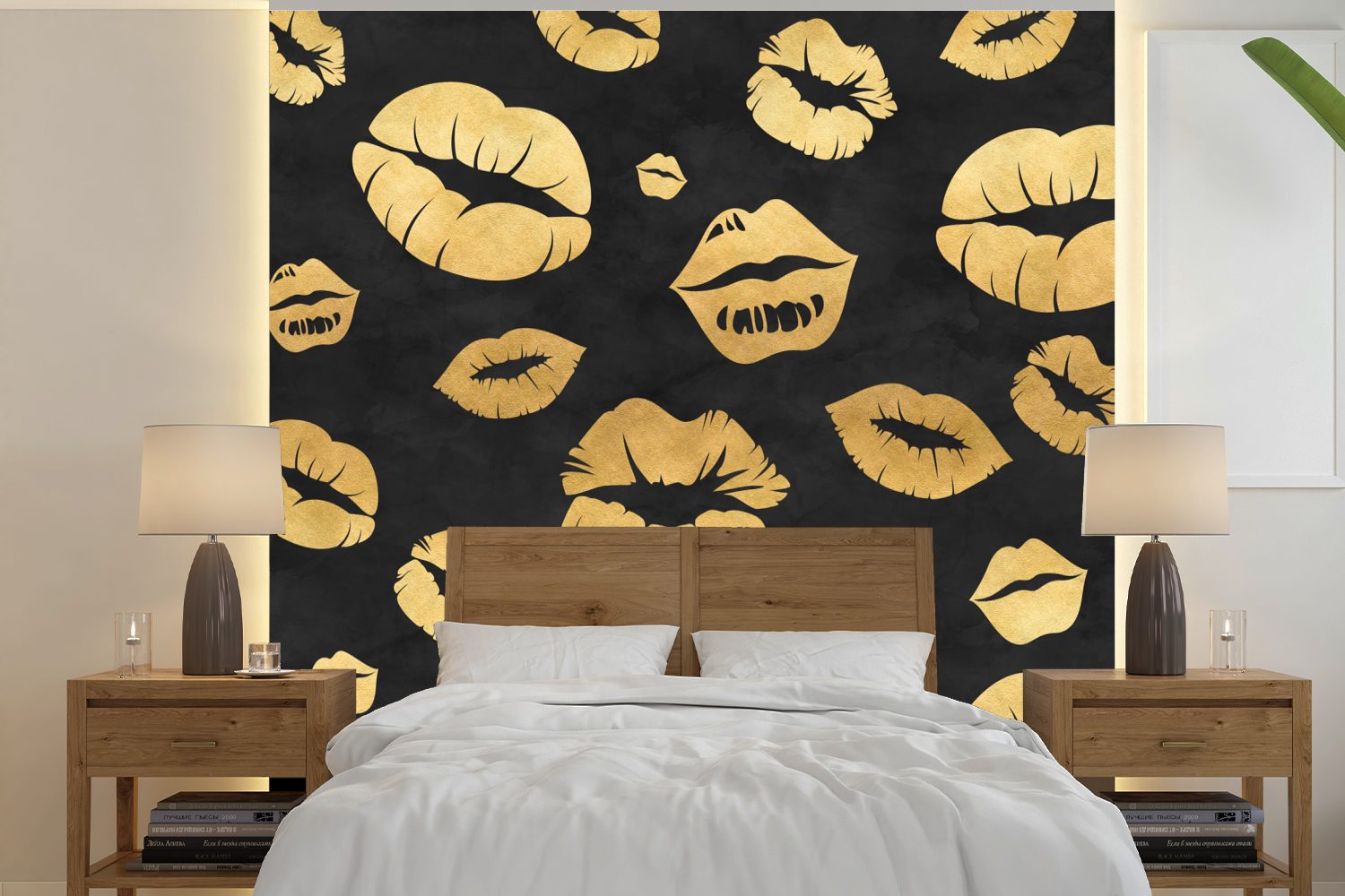 MuchoWow Fototapete Muster - Kuss St), Schlafzimmer, Matt, (5 für - - Gold Wandtapete Wohnzimmer Vinyl bedruckt, Tapete Schwarz, oder