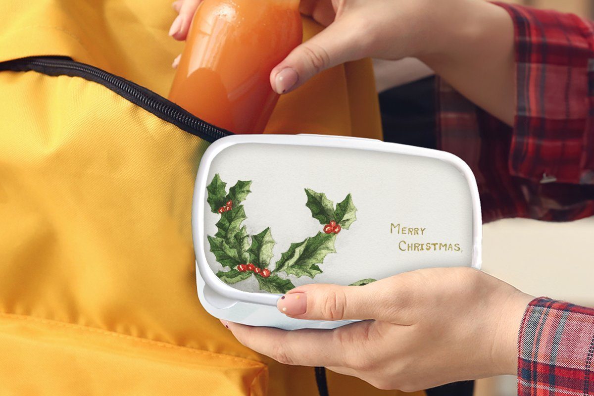 und Kunststoff, Jungs MuchoWow Kinder - für Lunchbox für Weihnachtsschmuck, weiß Erwachsene, Brotdose, Stechpalme Weihnachten - Brotbox (2-tlg), und Mädchen