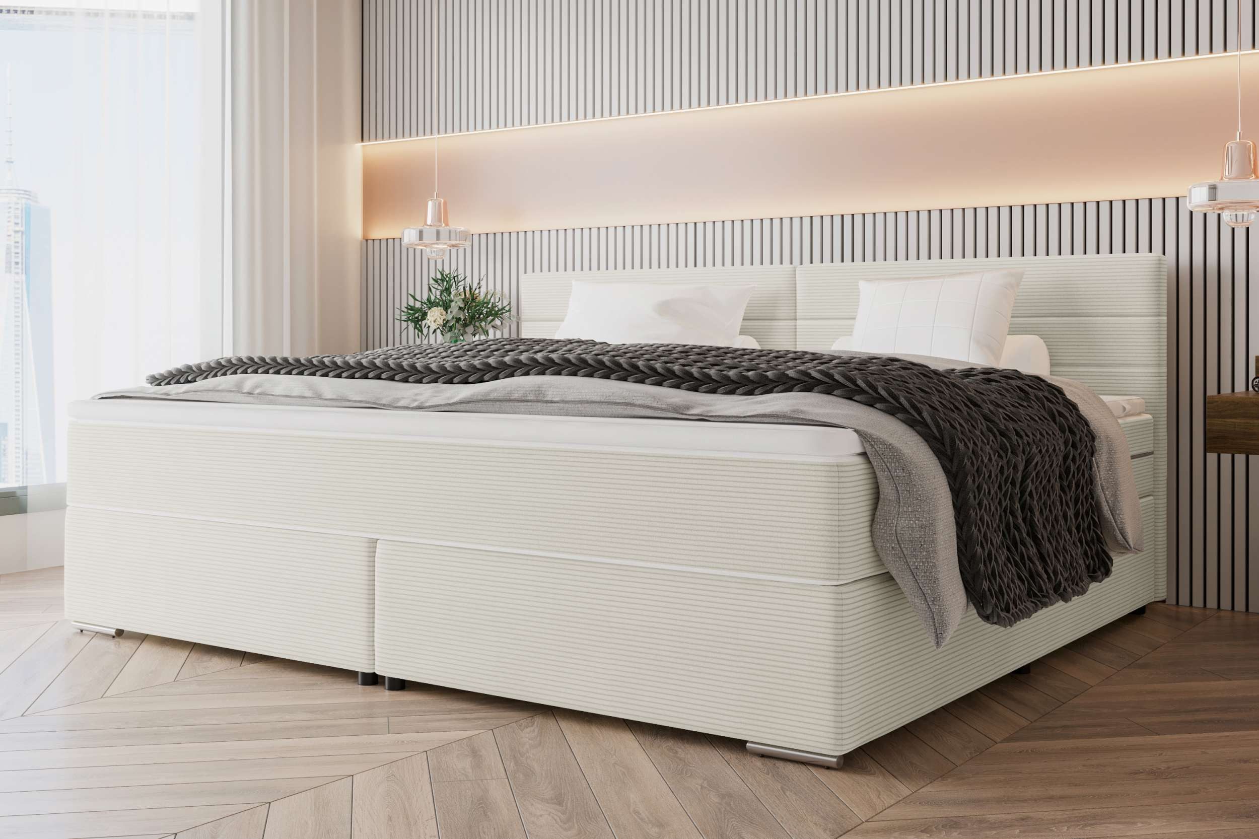 99rooms Boxspringbett Phönix Familienbett (Schlafzimmerbett, Bett), mit Taschenfederkernmatratze und Topper, in Cordstoff POSO