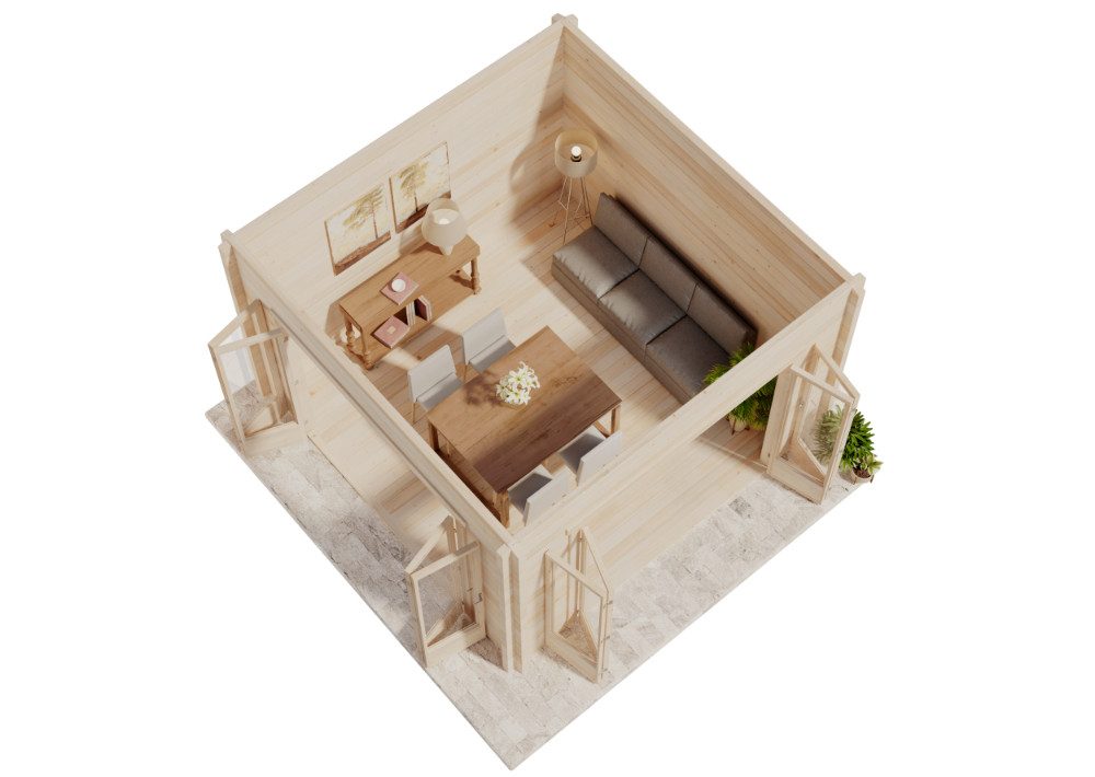 Alpholz Gartenhaus Holz Sunshine mit großer Falttür, BxT: 390x390 cm, in Naturbelassen mit 34mm Wandstärke