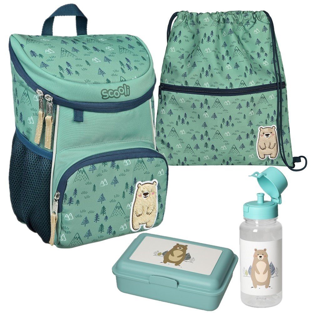 Scooli Kinderrucksack Mini-Me BOBBY BÄR (Set, inkl. Turnbeutel, Brotdose und Trinkflasche), Rucksack Set in Türkis Blau mit süßem Teddy für Jungen und Mädchen