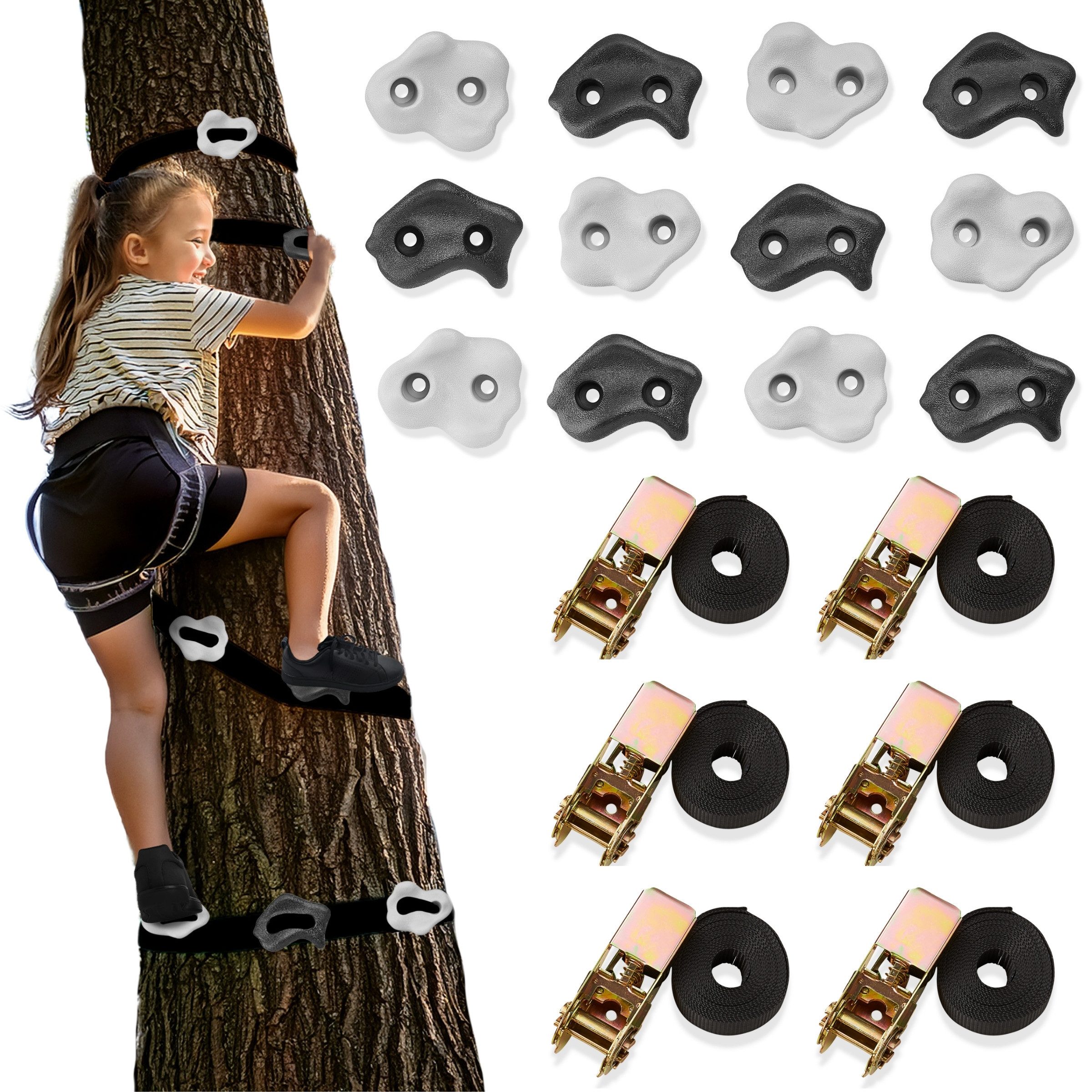 HyperMotion Kletterwand Baumkletterset für Kinder – Mit 12 Griffen & 6 Gurten