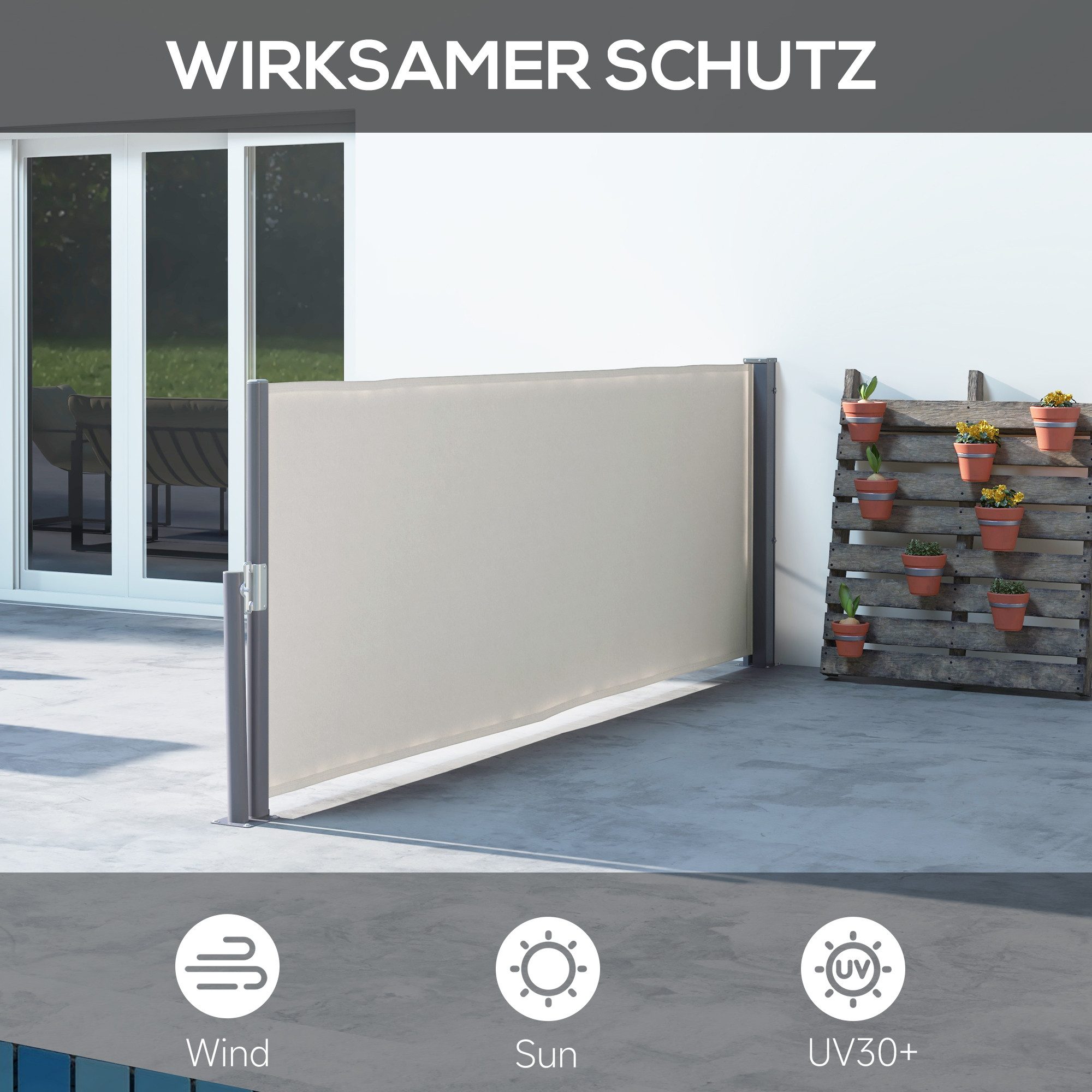 MC Star Seitenmarkise ausziehbar 300x100cm Gartenmarkise Sichtschutzwand (mit UV-Schutz Windschutz aus Polyester in Hellgrau)