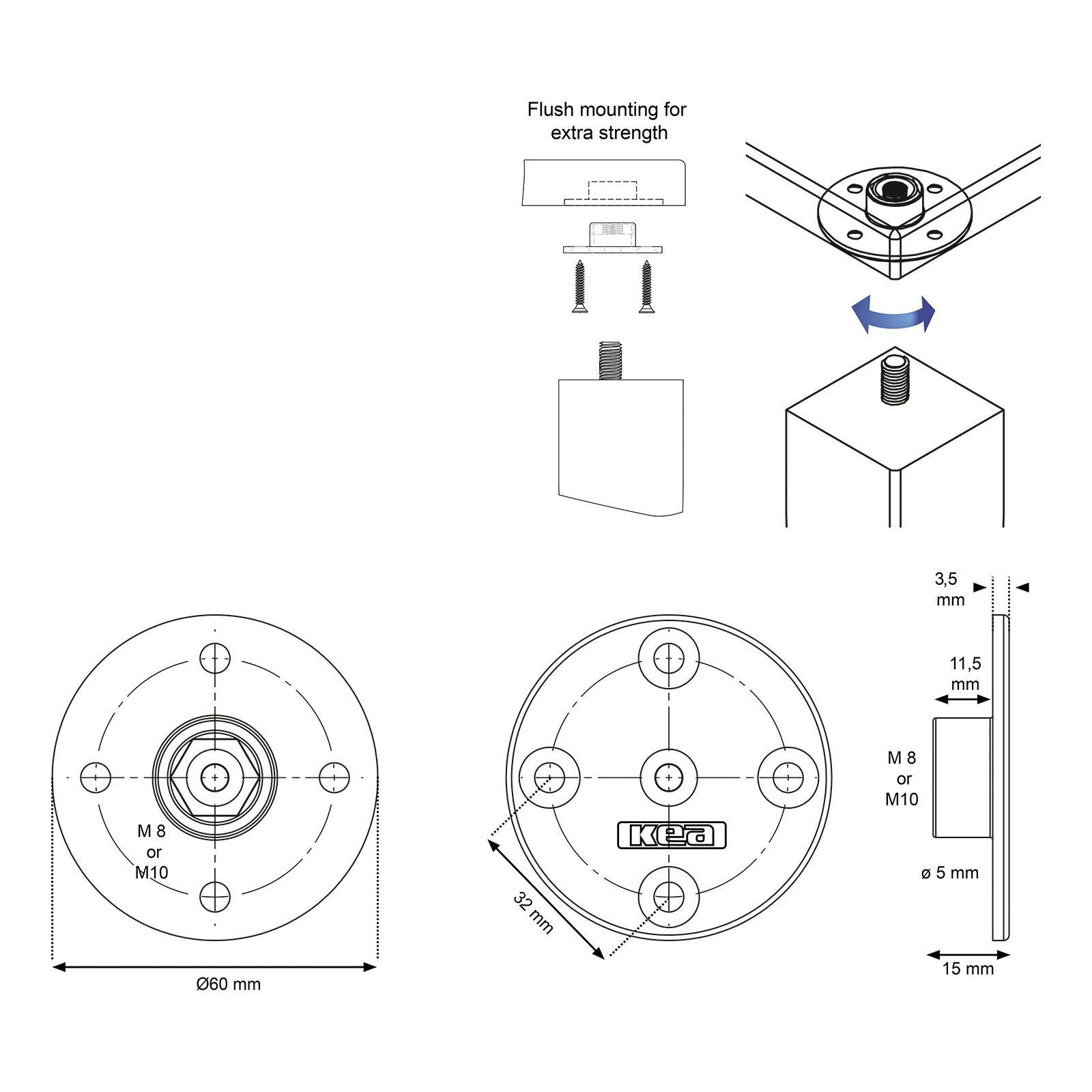 SO-TECH® Möbelbeschlag x mm Befestigungsplatte 4 Tischbeinverbinder St), rund Gewindeschraube KEA M8 für 60 Ø Montageplatte (4