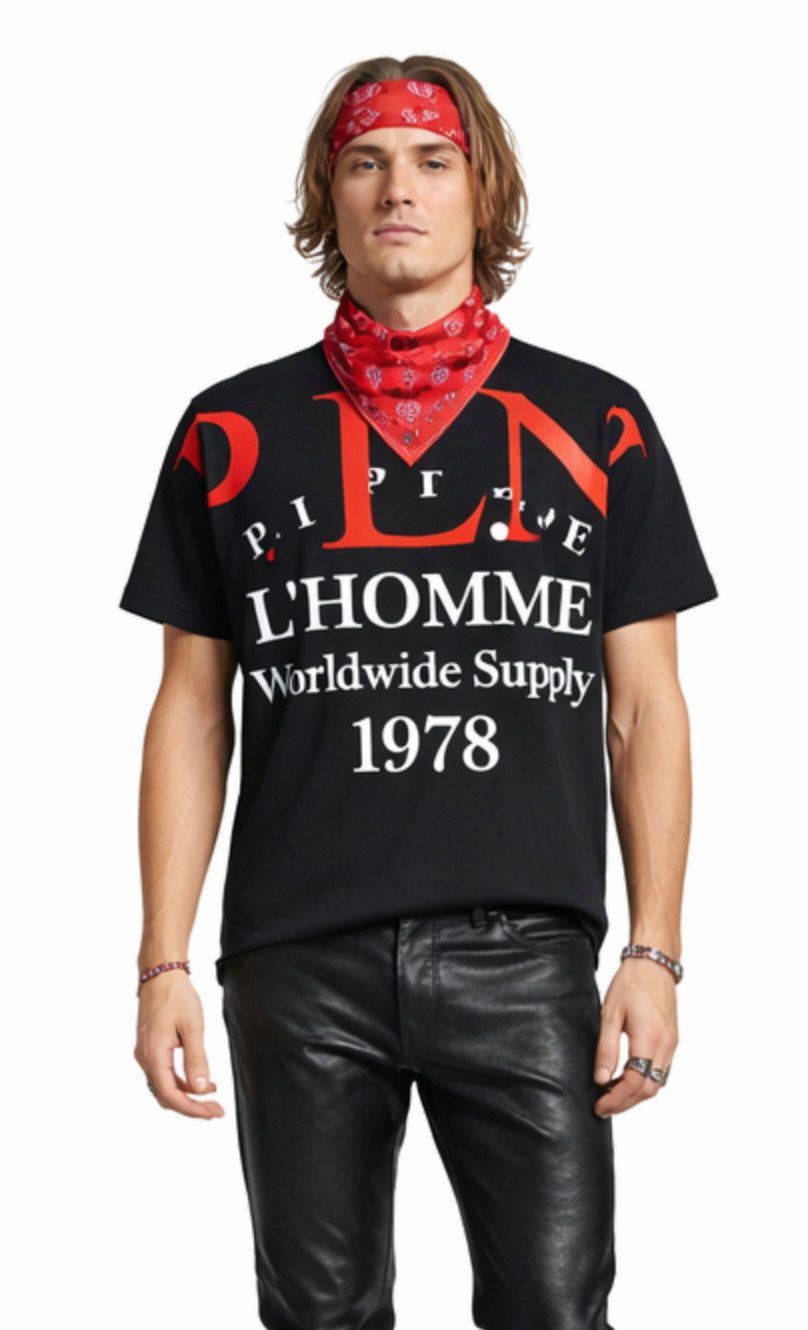 PHILIPP PLEIN T-Shirt Herren Gold Cut P.L.N. Worldwide Supply Shirt geripptem Kragen, ikonischer Schriftzug, Doppelt genähte Säume