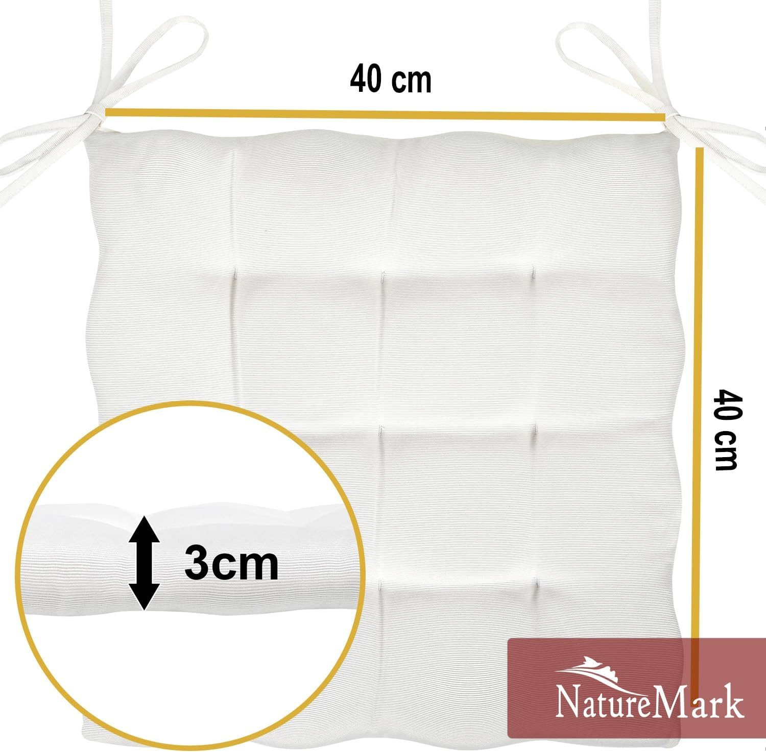 NatureMark Sitzkissen 4er-Set Stuhlkissen 40x40cm mit Bändern, Sitzpolster Kissen 4er Pack, schadstoffgeprüft, Naturweiß