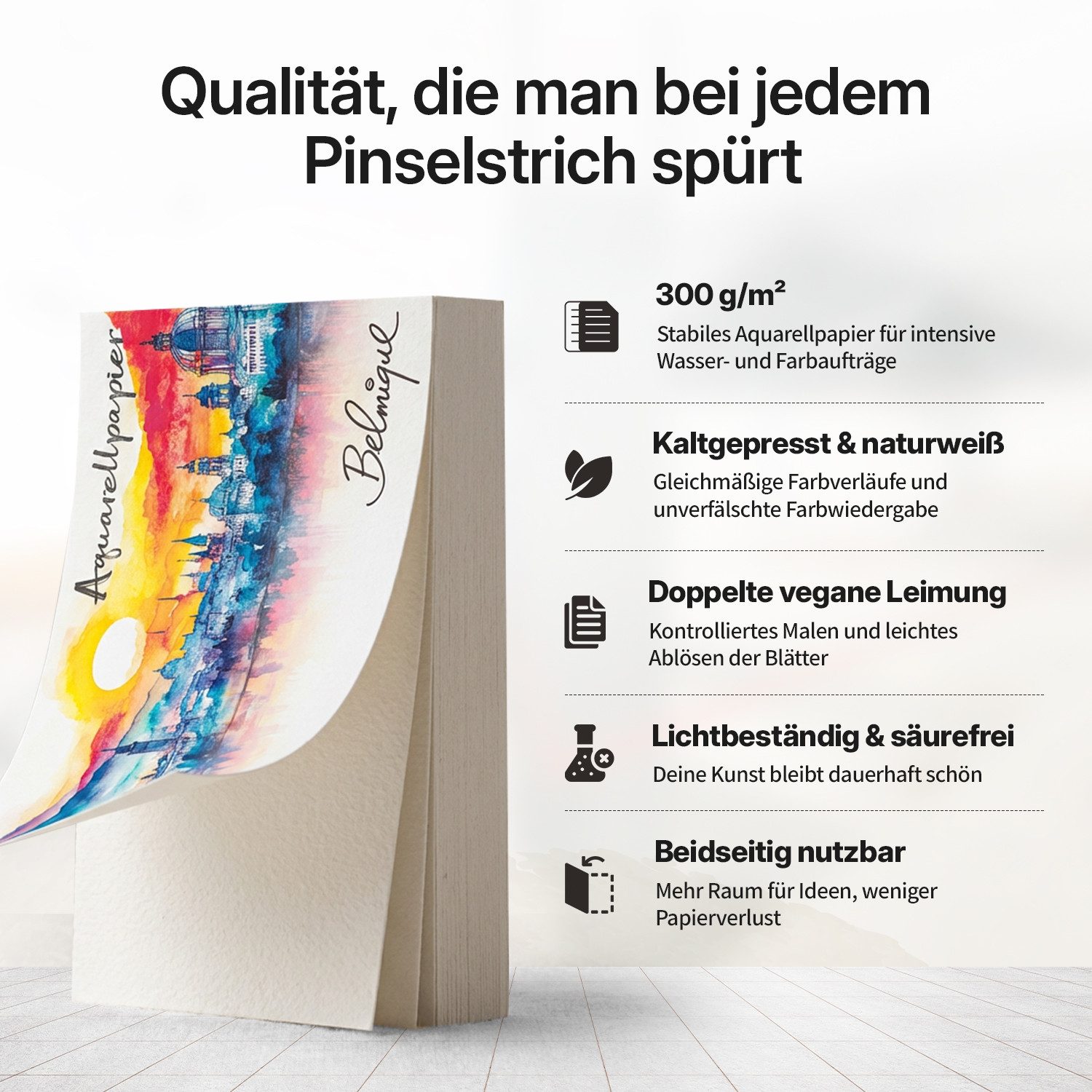 Belmique Aquarellpapier Aquarell Block mit rauer & glatter Oberfläche 300 g/m², inkl. Zubehör und Videokurs – Bild 5 von 5