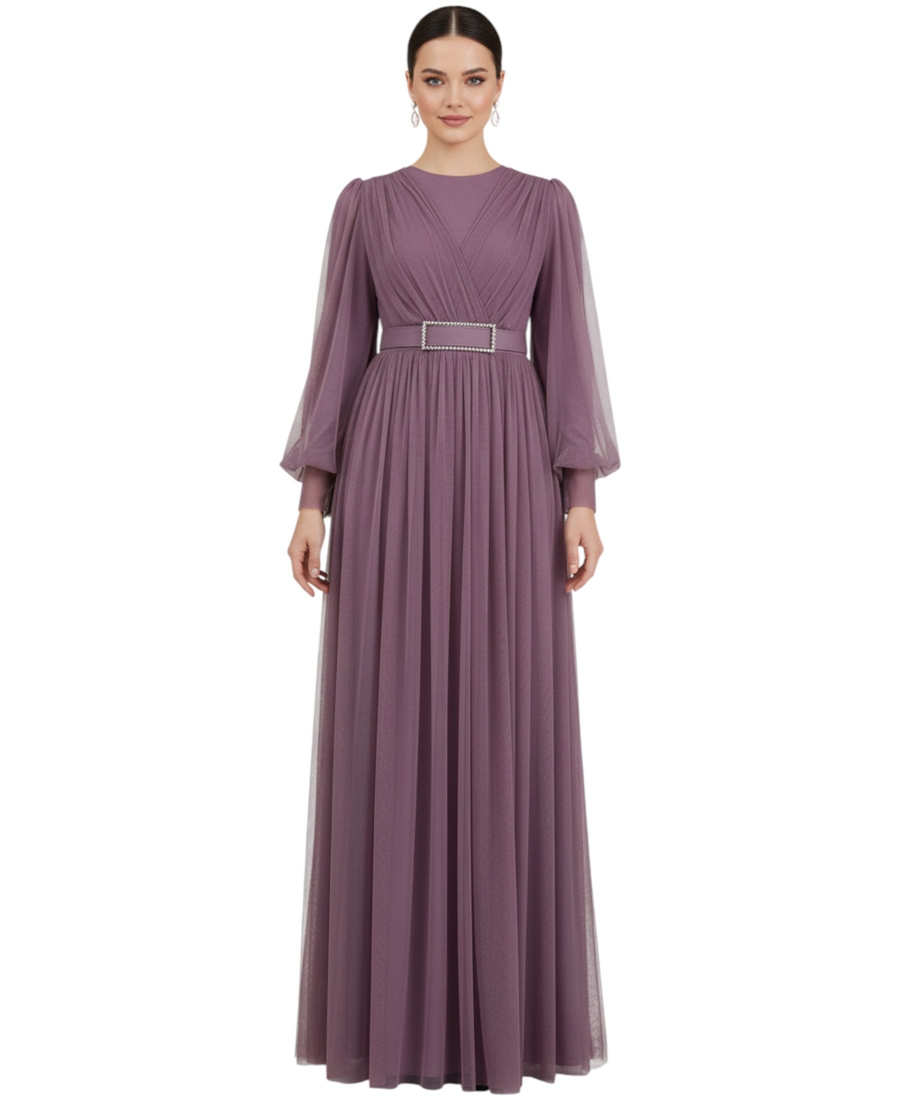 fashionshowcase Abendkleid Damen Maxikleid langarm Tüllkleid elegant mit Gü günstig online kaufen