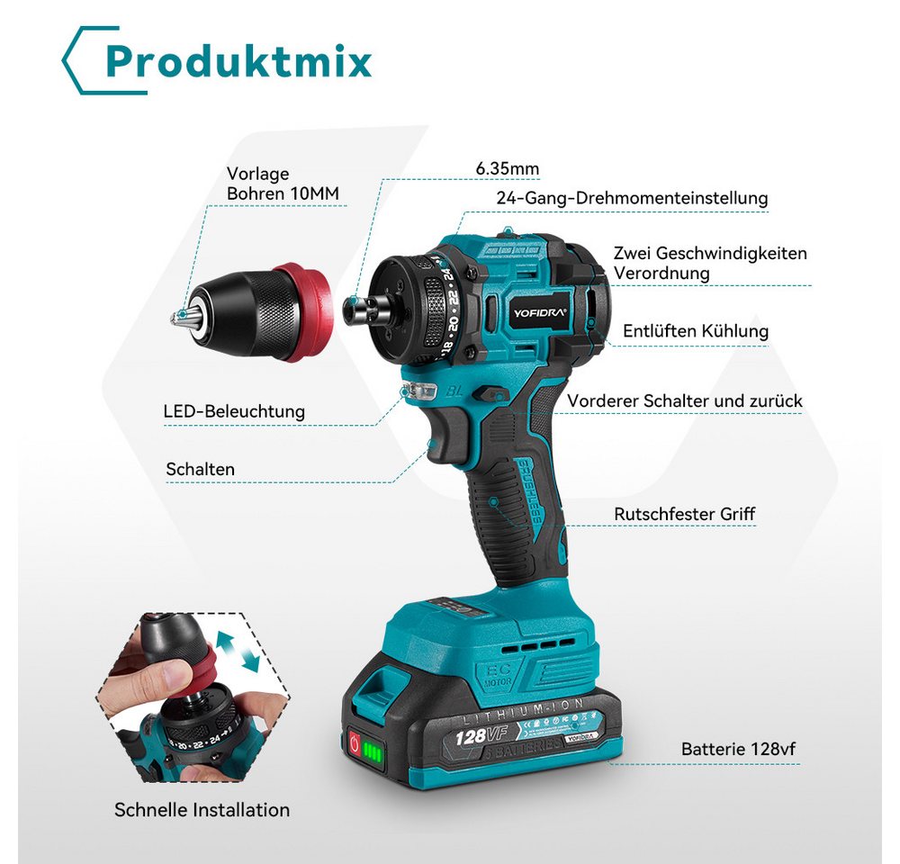 Thumbnail - ONEVAN Akku-Bohrschrauber 4-in-1 Elektrisch Bohrhammer Set Bürstenlos 4-in-1 SDS Plus Bohrhammer, (2-tlg), mit 4 x Akkus...
