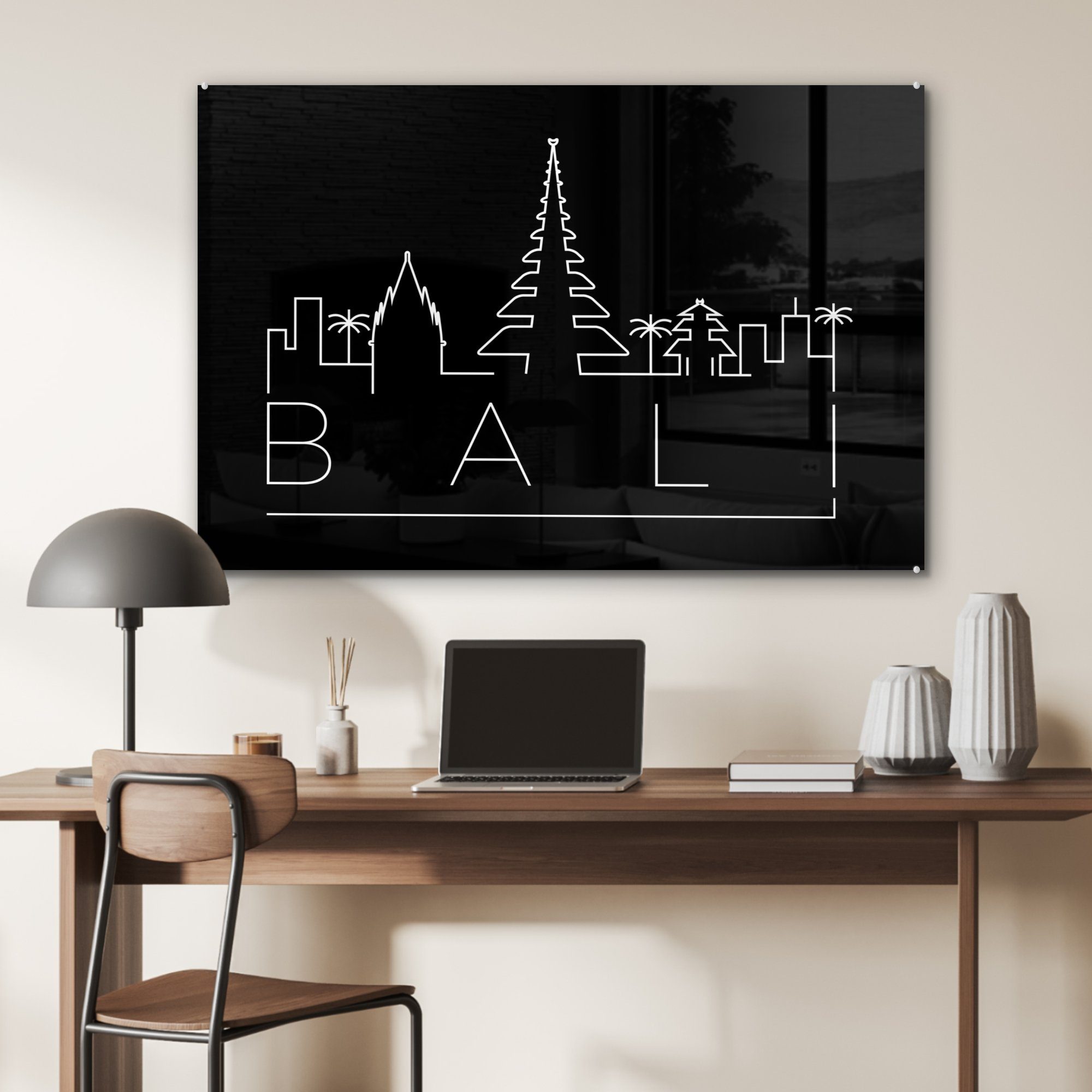 Hintergrund, Schlafzimmer Wohnzimmer Acrylglasbild Skyline MuchoWow schwarzem (1 "Bali" & auf St), Acrylglasbilder