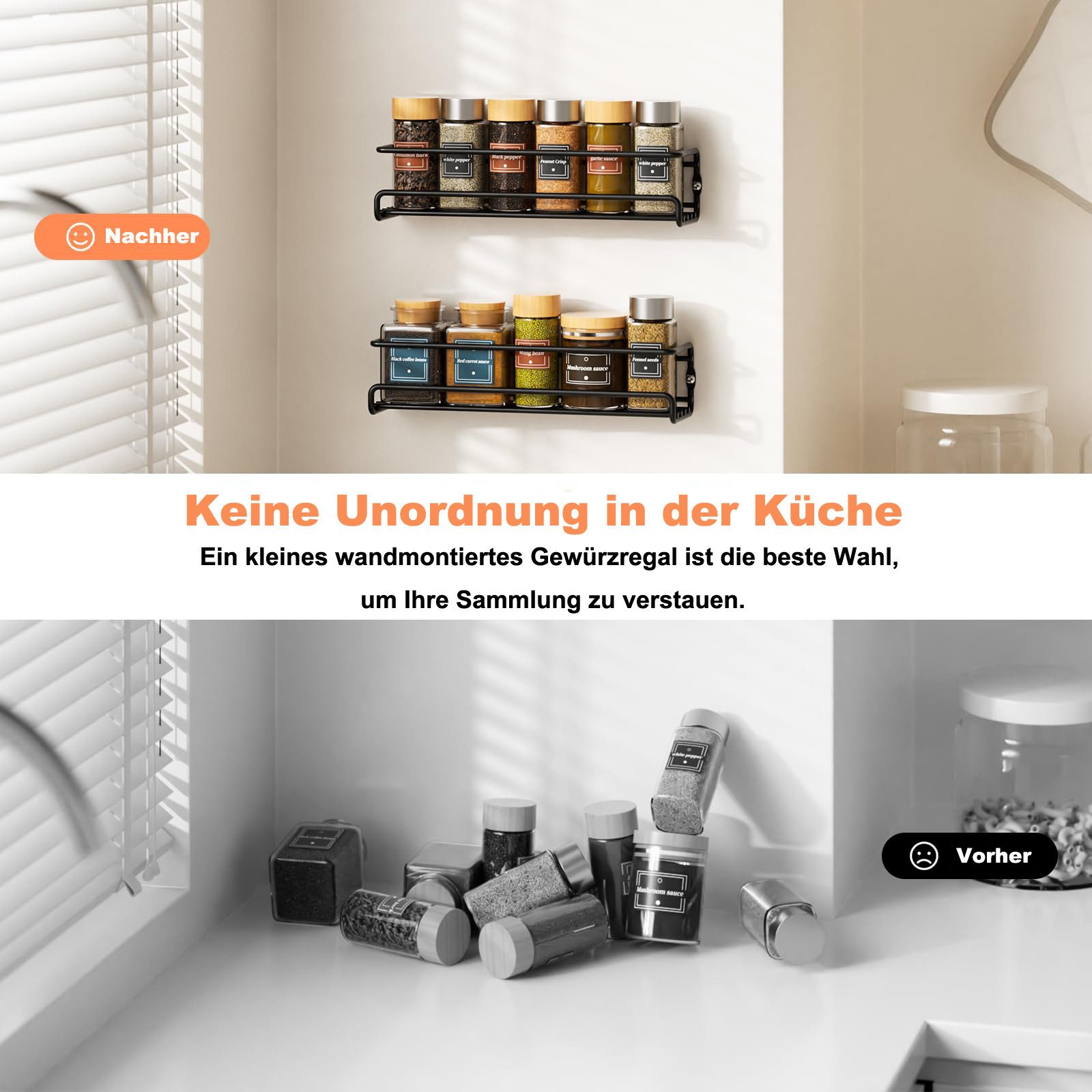 Agger Gewürzregal Wandgewürzregal 2er-Set hängender Metall-Gewürzhalter, 2-tlg., mit selbstklebend und Schrauben, für Gewürzgläser, Küchenschrank – Bild 3 von 5
