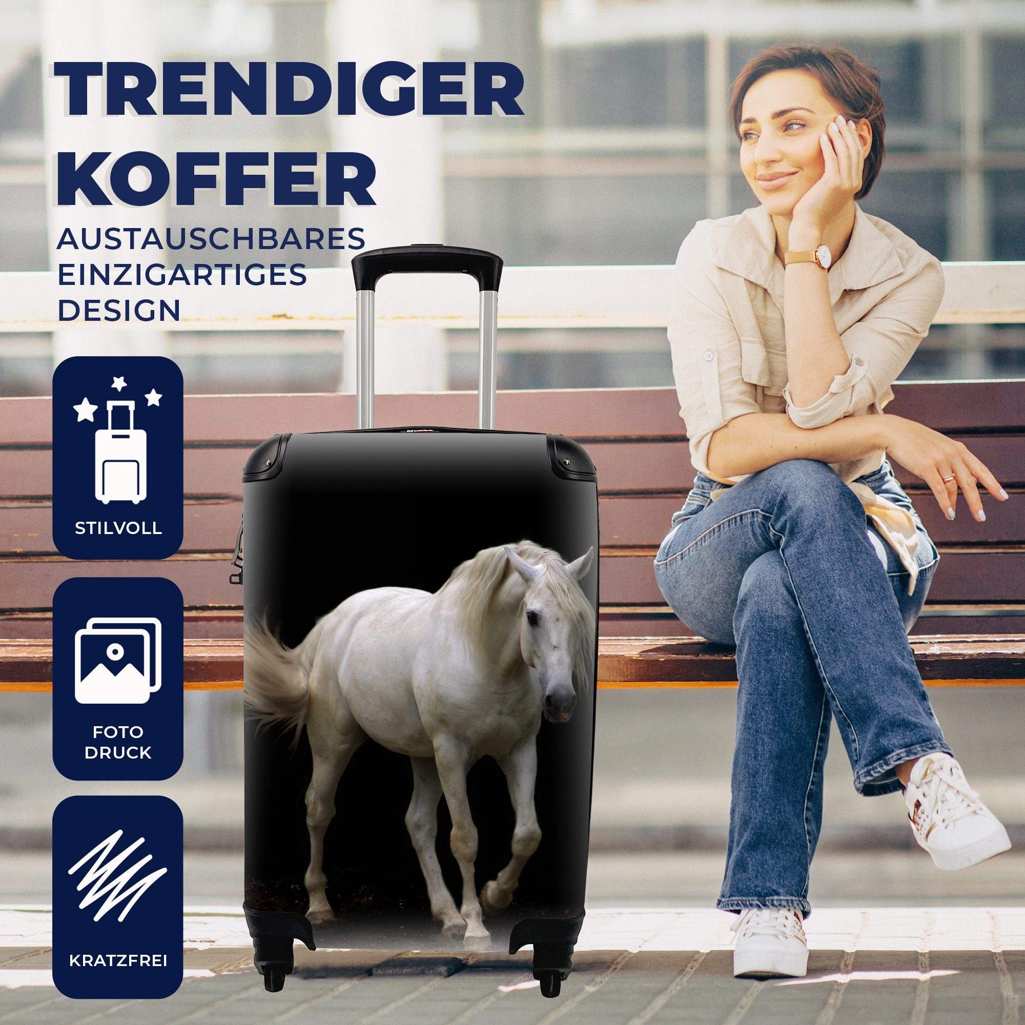 - MuchoWow Reisekoffer mit Reisetasche Pferde Schwarz, 4 Trolley, Rollen, Nutztiere rollen, für Handgepäckkoffer Handgepäck - Ferien,