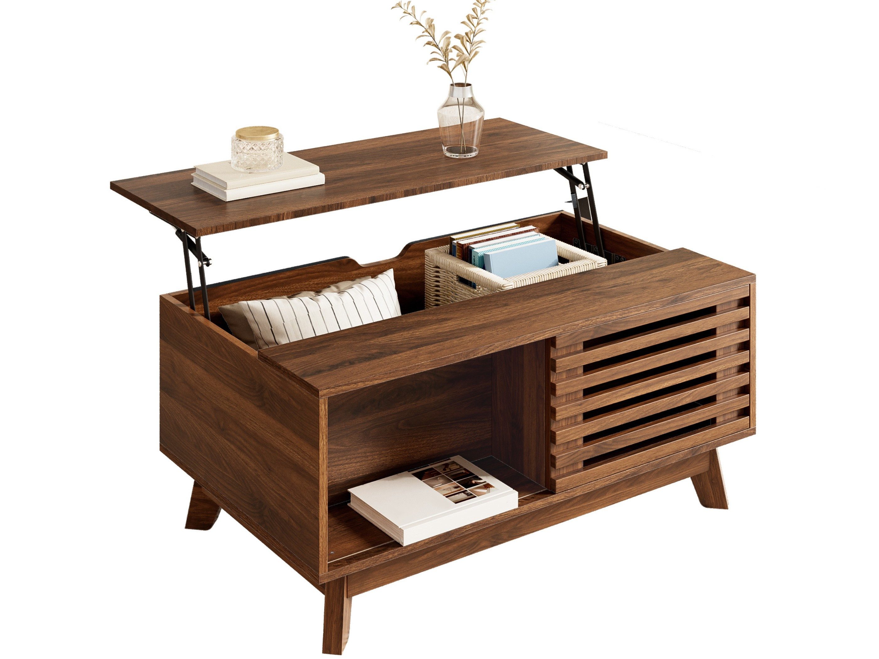 SeedWave Couchtisch Sofatisch mit anhebbarer Tischplatte 43,5-57,5 cm und Stauraum (1 Tisch), Wohnzimmertisch mit flexiblen Fächern und erhöhtem Vierbeingestell