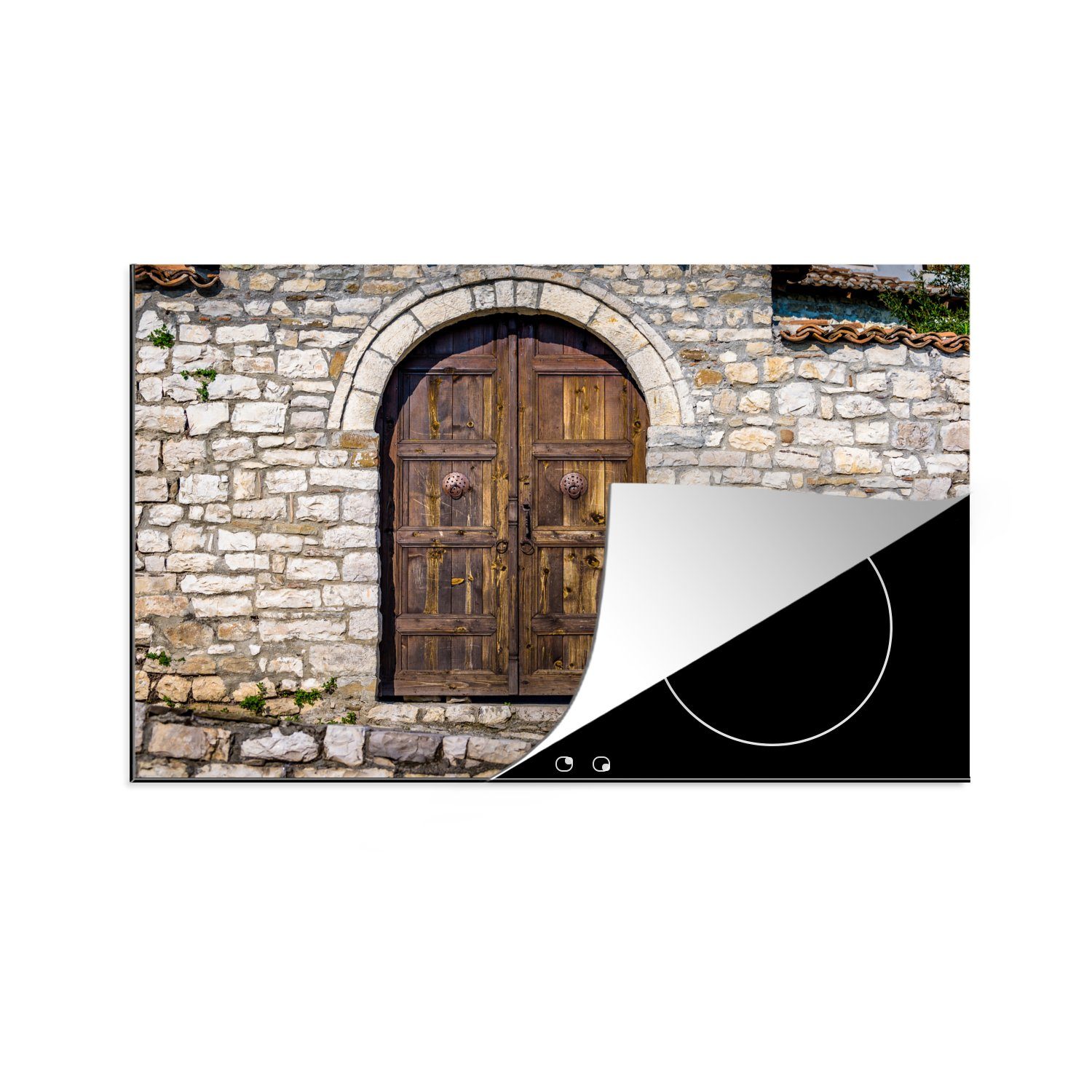 MuchoWow Herdblende-/Abdeckplatte Holztür an einer Steinmauer, Vinyl, (1 tlg), 81x52 cm, Induktionskochfeld Schutz für die küche, Ceranfeldabdeckung