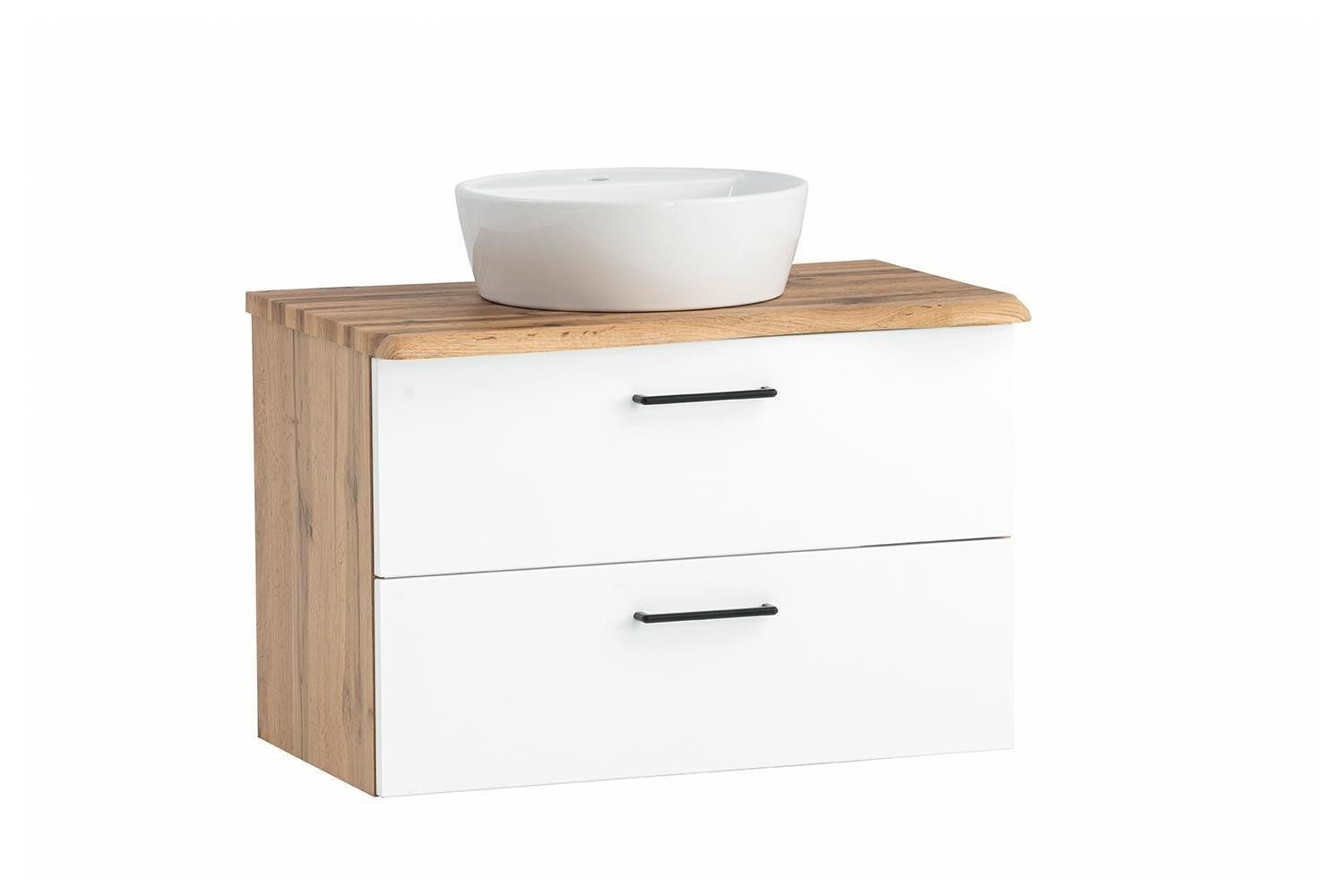 HELD MÖBEL Waschtisch-Set KEYTO, 2-teilig, 2 Schubladen, Weiß matt, Wotan Eiche Dekor, mit Keramikwaschbecken, B 80 x H 67,5 x T 47 cm