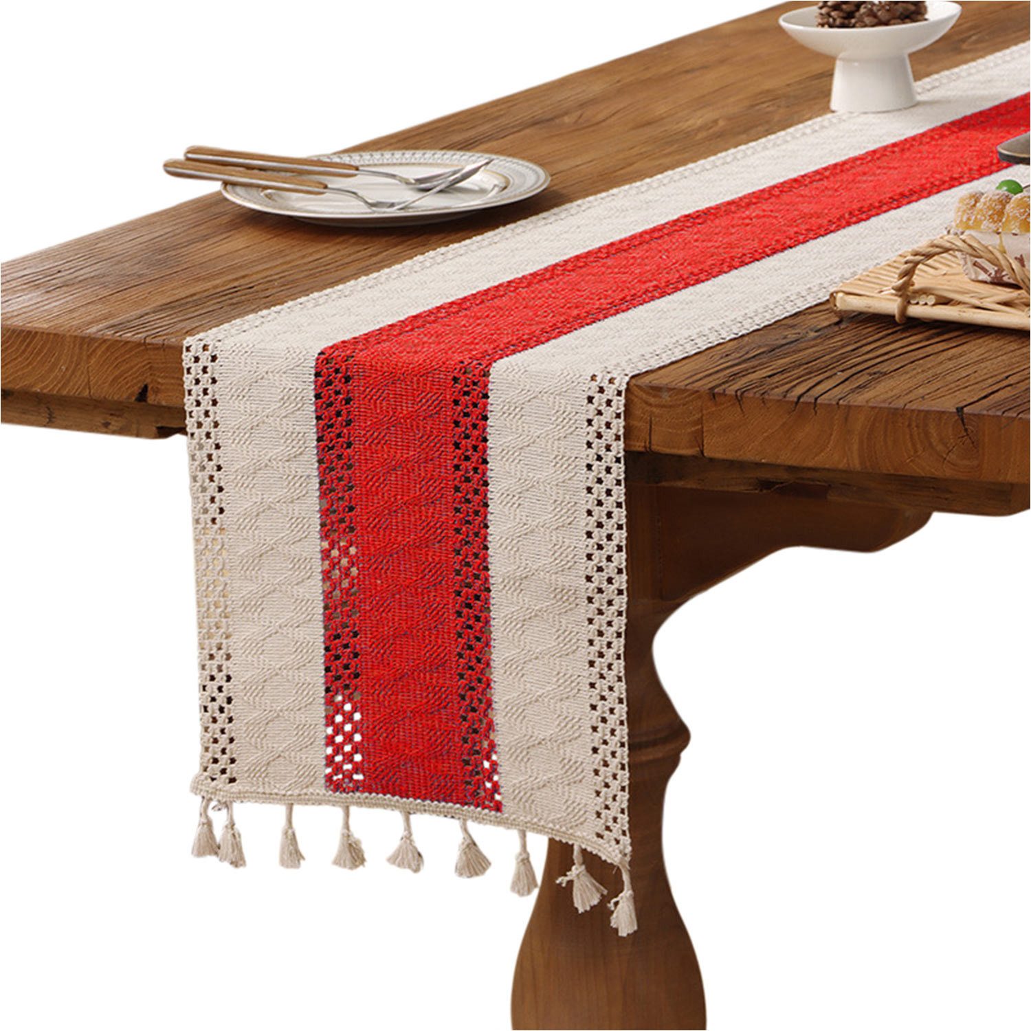 Refttenw Tischläufer Tischläufer mit Quastenbesatz,Boho-Makramee-Tischläufer,Tischdeko