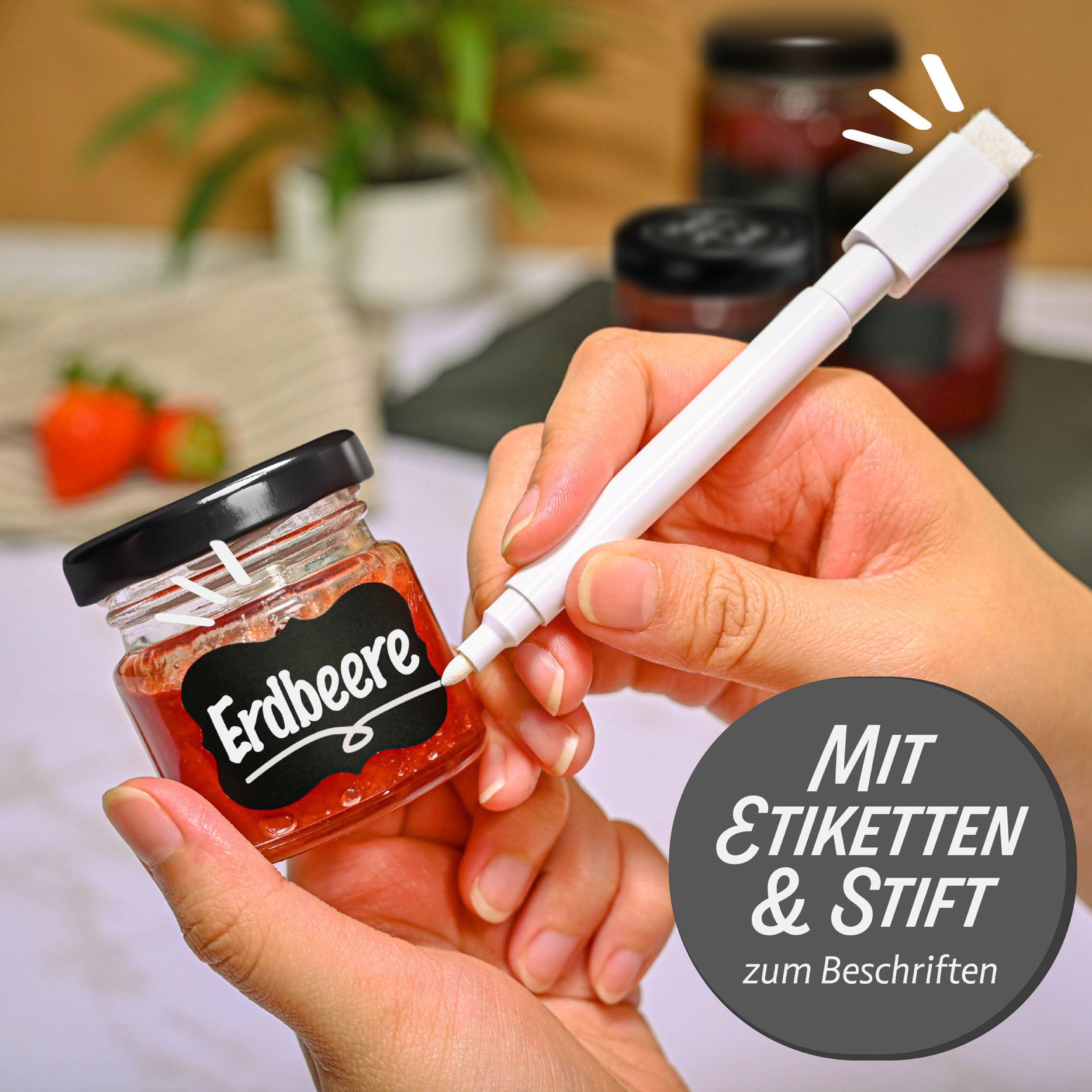 Praknu Einmachglas 24 Kleine Marmeladengläser Mini Gläser mit Deckel, 50 ml, Etiketten, Glas, Metalldeckel, (Set, 24-tlg., 24 Einkochgläser, 24 Etiketten, Stift – Bild 2 von 5