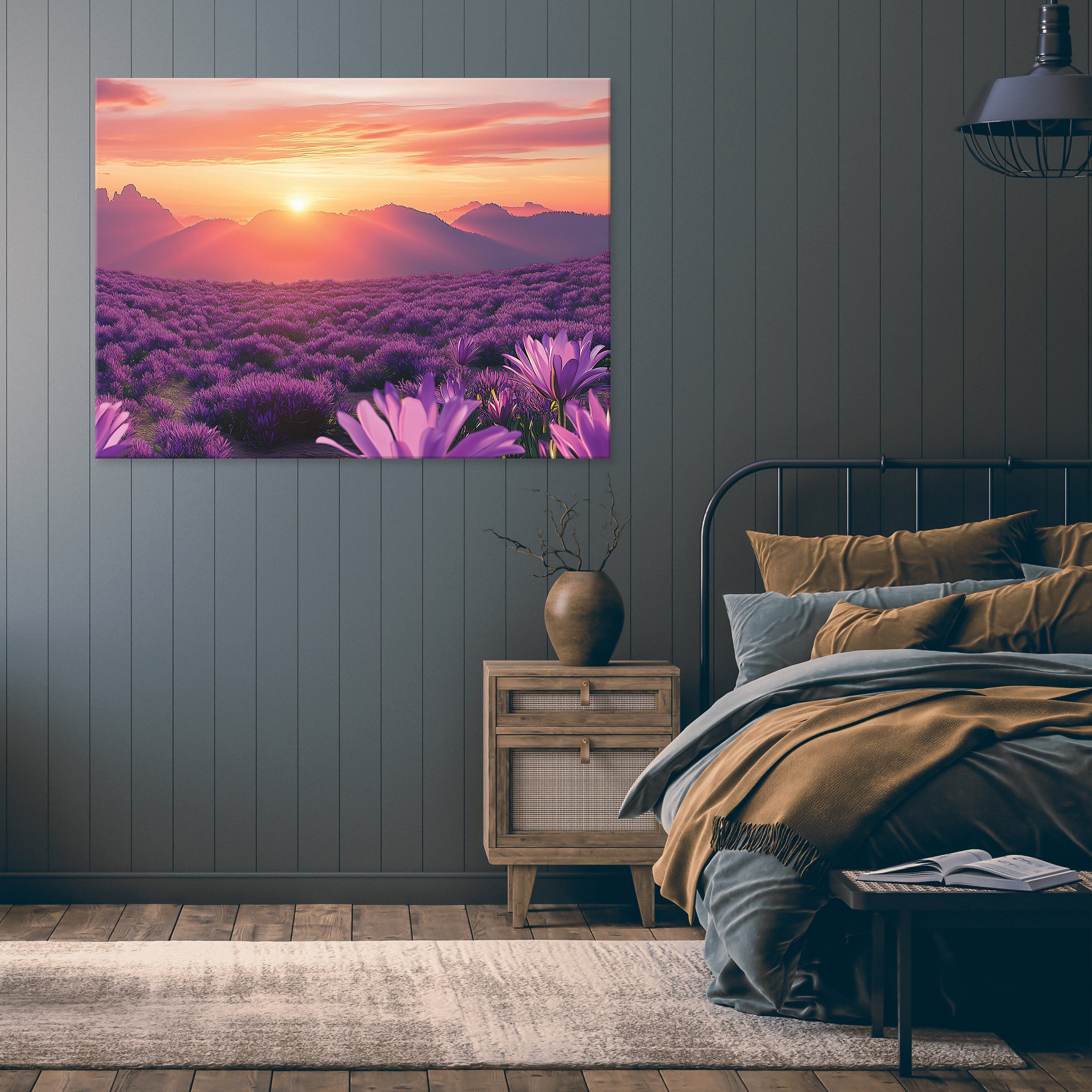 Wallarena Leinwandbild Blumen Berge - Lila - Modern - Wohnzimmer, Blumen, 40x30x2cm