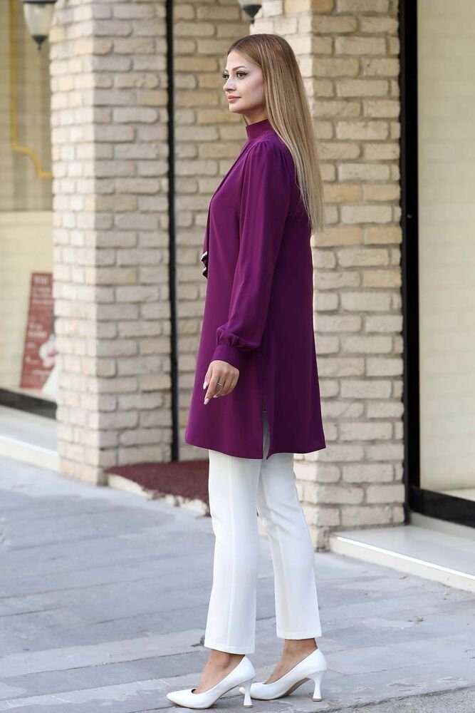 Mode Longtunika Modest Damen Tunika Tunika lange Modavitrini Krawatten Violett Fashion Detail Hijab
