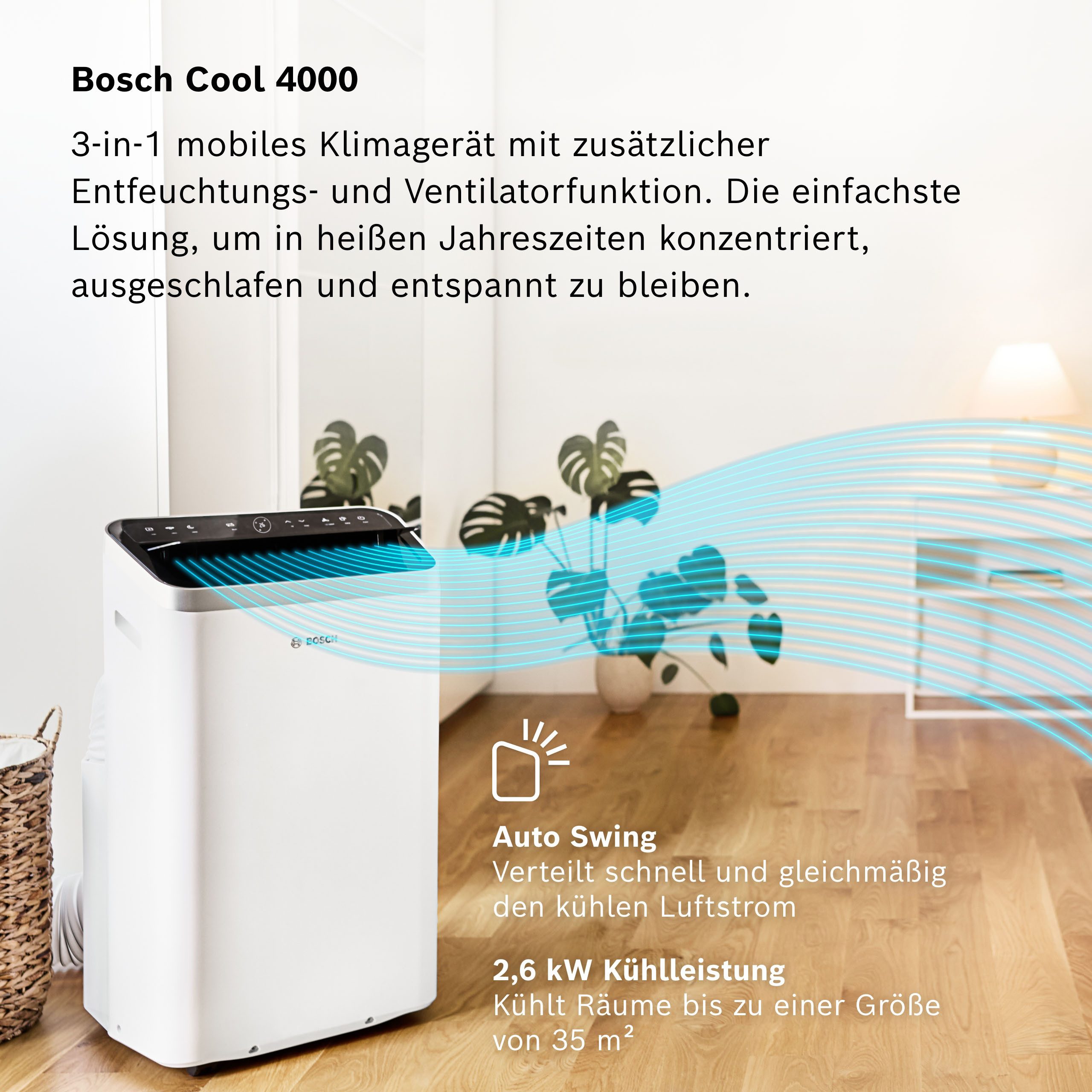 BOSCH 3-in-1-Klimagerät Cool 4000 - Klimaanlage mit Luftentfeuchter und Ventilator, Entfeuchtung bis zu 50 l/Tag, für Räume bis zu 35m²