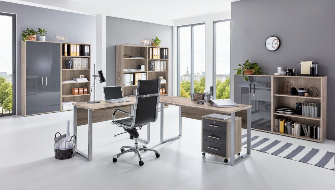 OFFICE Arbeitszimmer, Hochglanz Set Sonoma Rollcontainer moebel-dich-auf + Büroschrank 7 8-St., Regale) Schreibtisch Metallgriffe Aktenschrank / EDITION (Büromöbel-Set, + + anthrazit Eiche