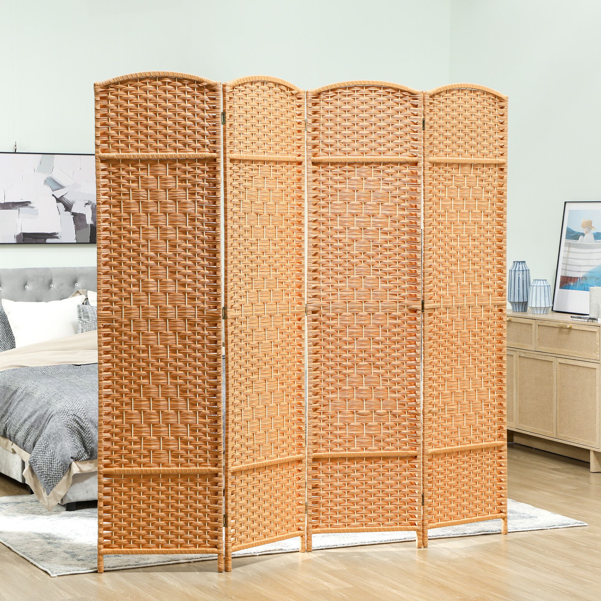 HOMCOM Paravent Raumtrenner Stellwand Sichtschutz Naturholz (Raumteiler, 4 St., Trennwand), für Wohnzimmer 180 x 180 cm Braun