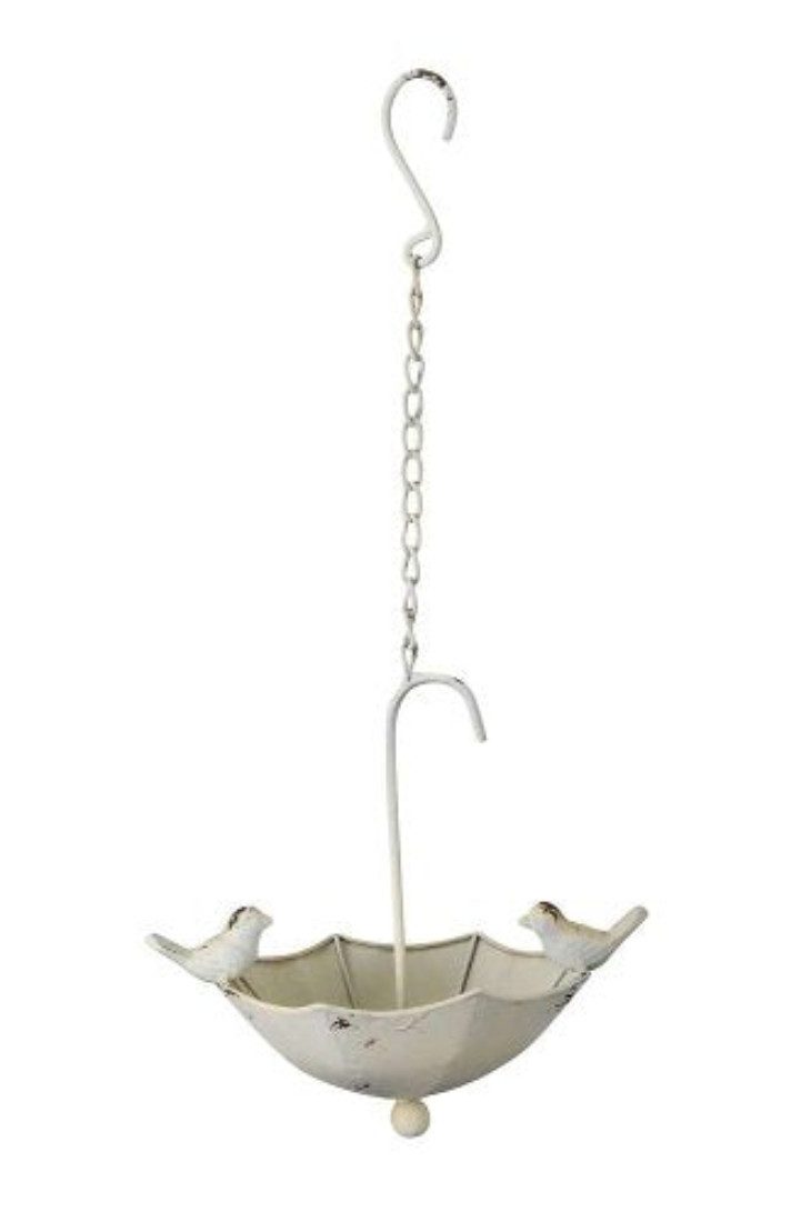 finehomegarden Vogeltränke Vogel Futterplatz Schirm/Vogel Metall 19x24cm H24cm + Kette weiß, Vintage Futterstation Garten / Paket