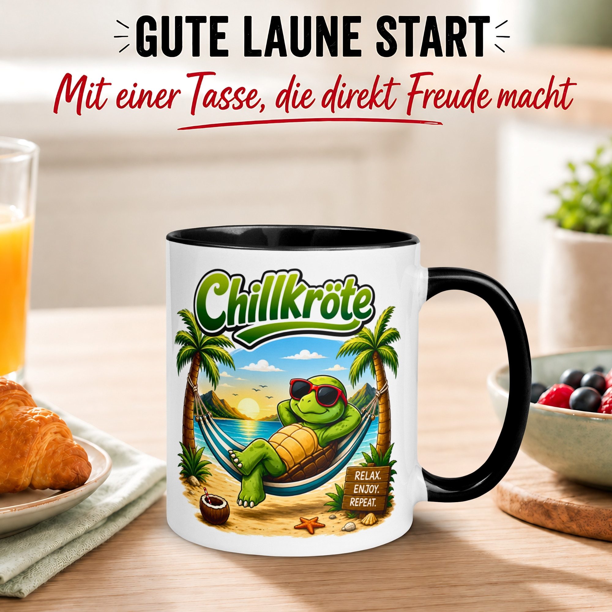Momentals Tasse Schildkröte – „Chillkröte am Strand“ – lustiges Schildkröten Geschenk, Gratis Versand · Links-&Rechtshänder · Spülmaschinenfest