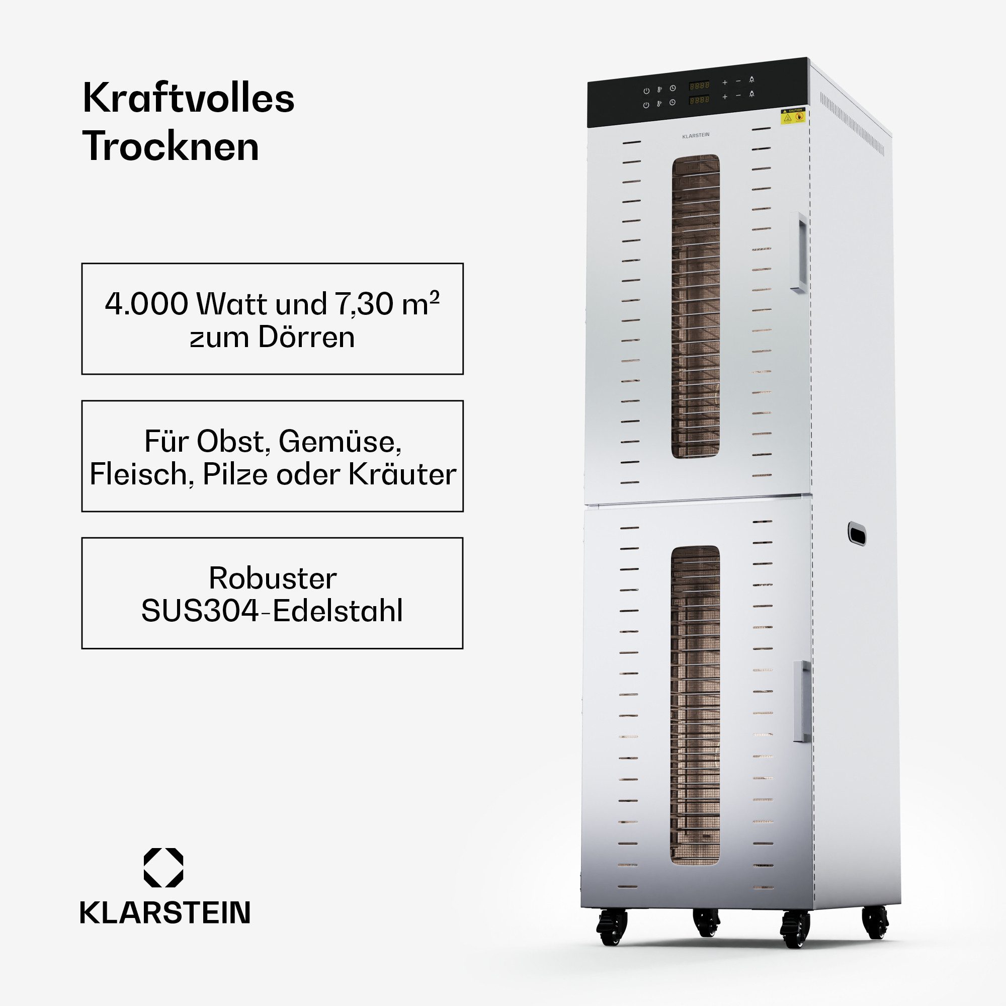 Klarstein Dörrautomat Master Jerky 700 Dörrautomat 4000 W, Dörrautomat groß Pilze Obst Trockner Dörrgerät Dehydrator Edelstahl