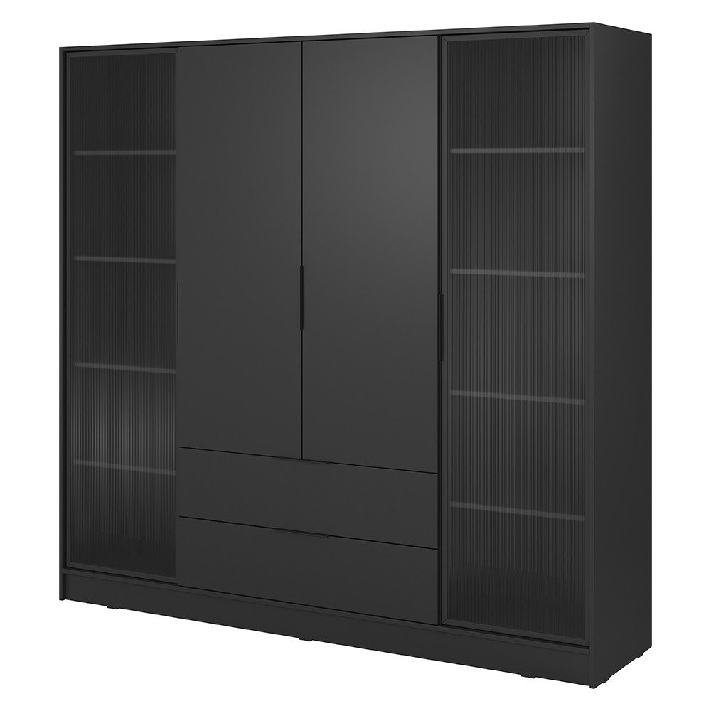 Lomadox Kleiderschrank KNOCK-160 in schwarz, 2 Glastüren, 2 Türen, 2 Schubkästen, 206 cm breit
